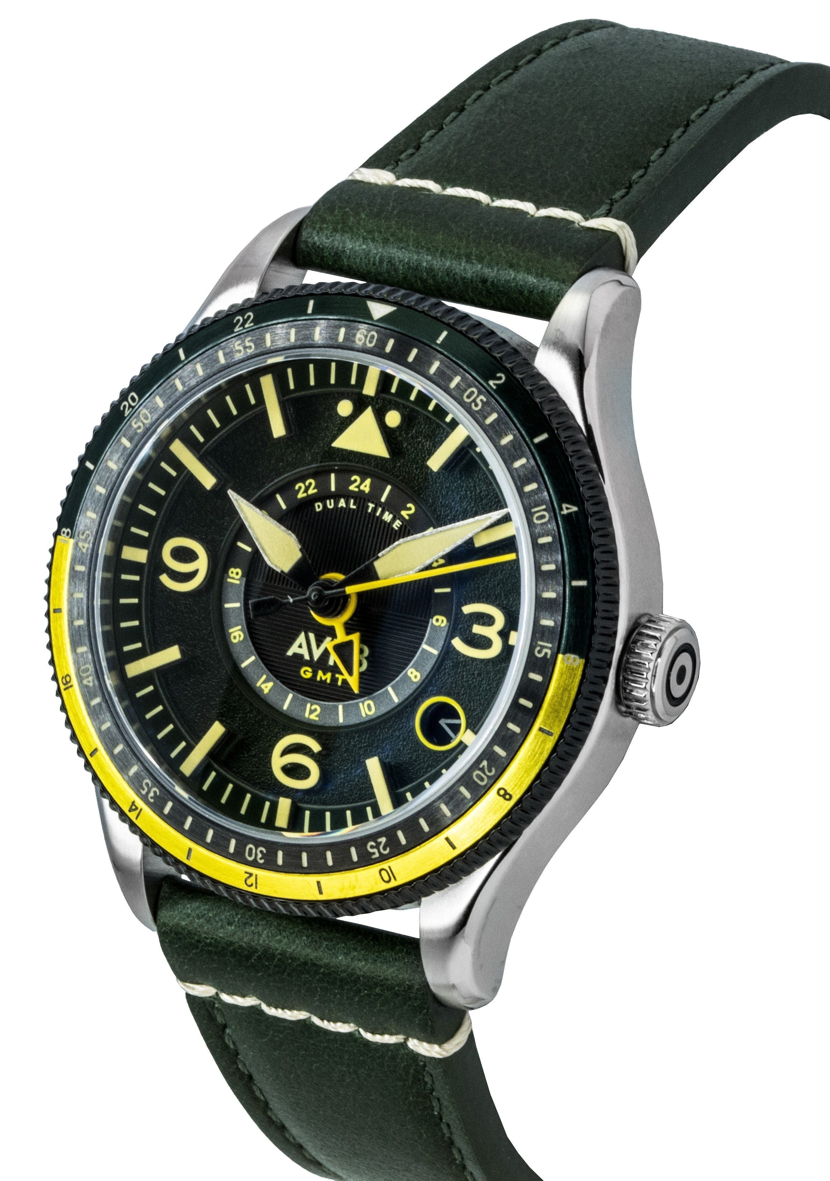 AVI - 8 Flyboy Airmaster GMT Fuselage Green Leather Strap Green Dial Automatic AV - 4128 - 03 Men's Watch - Prestige Stones