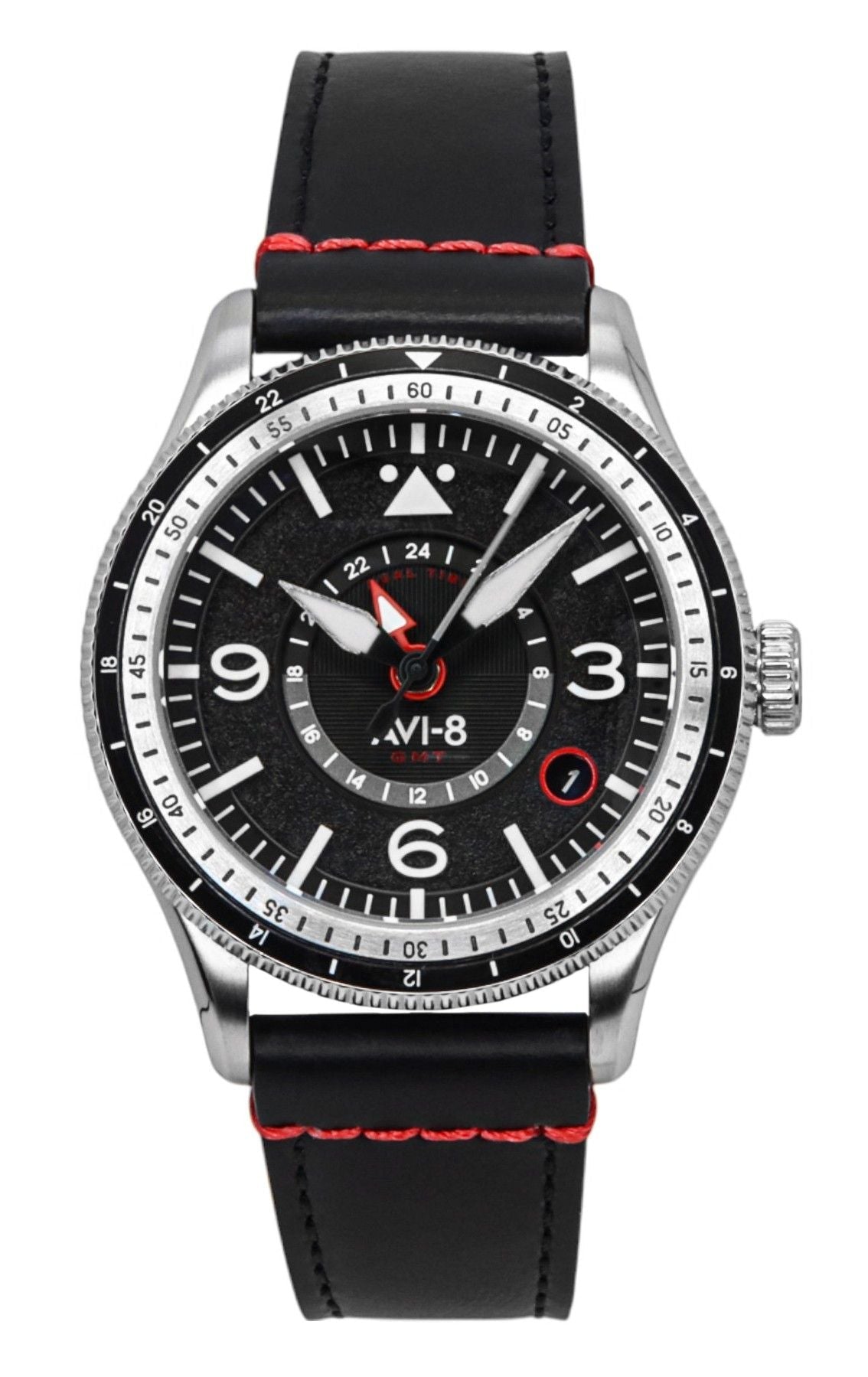 AVI - 8 Flyboy Airmaster GMT Leather Strap Engine Black Dial Automatic AV - 4128 - 01 Men's Watch - Prestige Stones