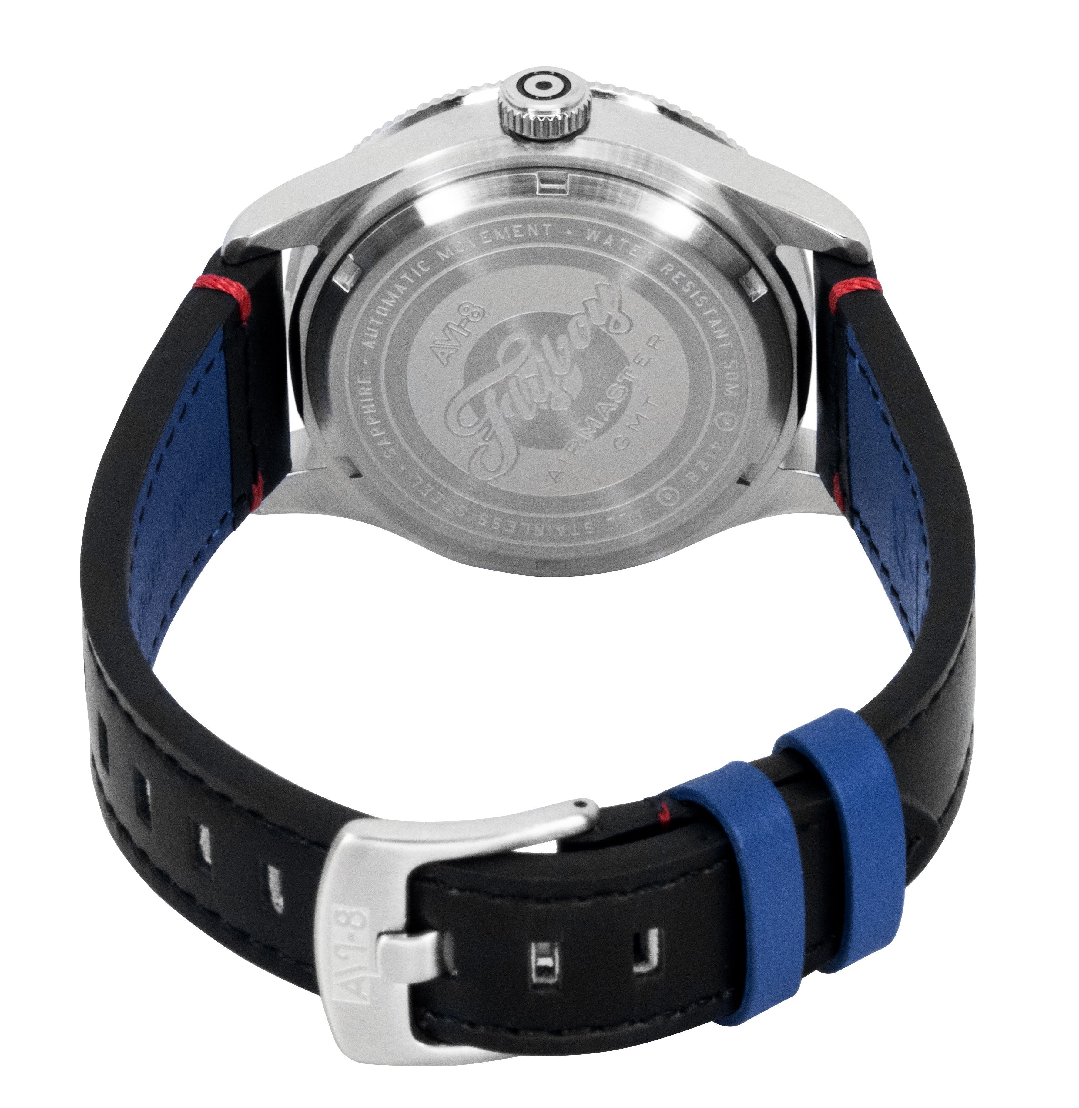 AVI - 8 Flyboy Airmaster GMT Leather Strap Engine Black Dial Automatic AV - 4128 - 01 Men's Watch - Prestige Stones