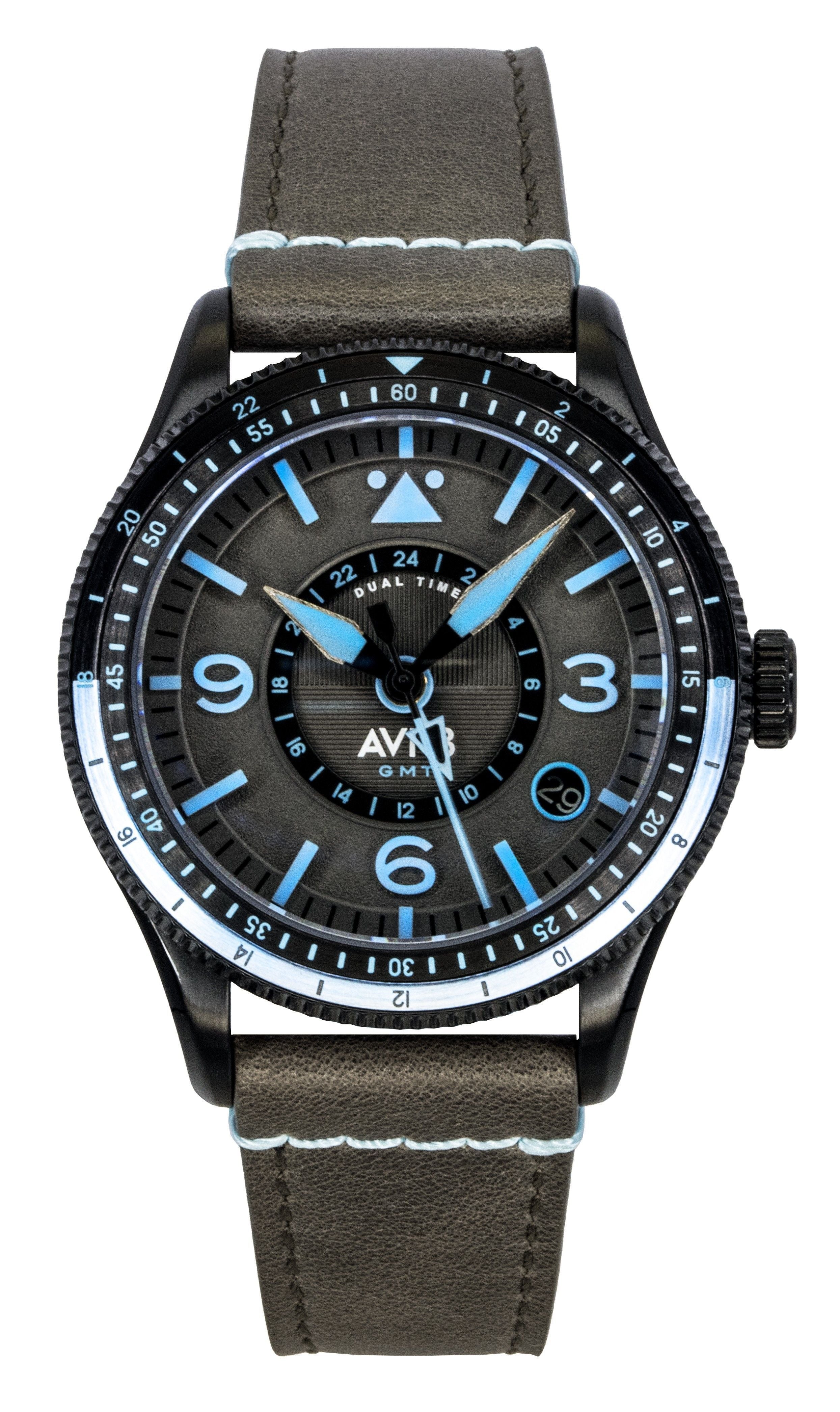 AVI - 8 Flyboy Airmaster GMT Leather Strap Grey Dial Automatic AV - 4128 - 05 Men's Watch - Prestige Stones