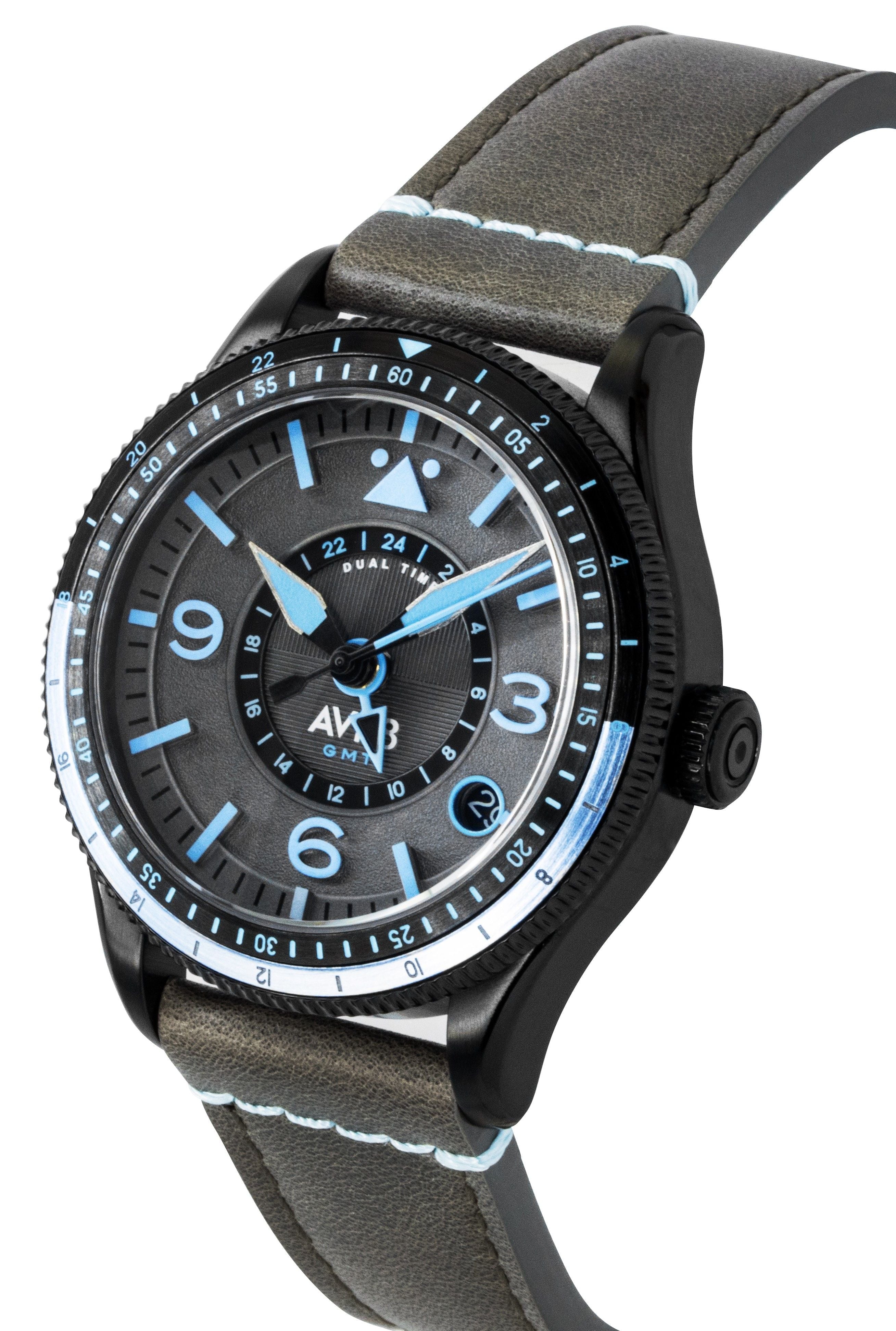AVI - 8 Flyboy Airmaster GMT Leather Strap Grey Dial Automatic AV - 4128 - 05 Men's Watch - Prestige Stones