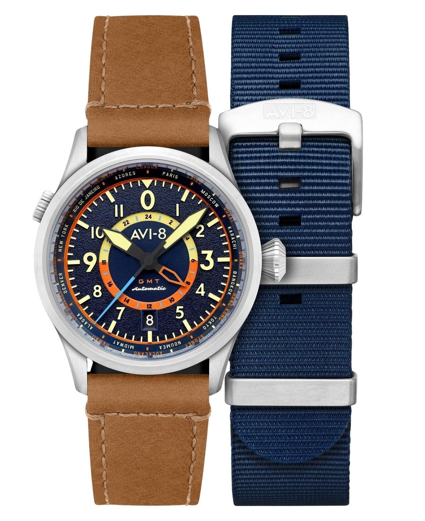 AVI - 8 Flyboy Wingman Worldtimer GMT Atlantic Blue Dial Automatic AV - 4120 - 01 Men's Watch With Extra Strap - Prestige Stones