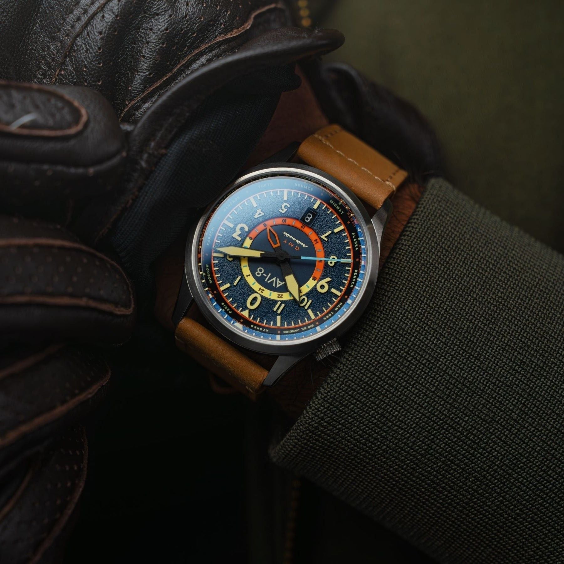 AVI - 8 Flyboy Wingman Worldtimer GMT Atlantic Blue Dial Automatic AV - 4120 - 01 Men's Watch With Extra Strap - Prestige Stones