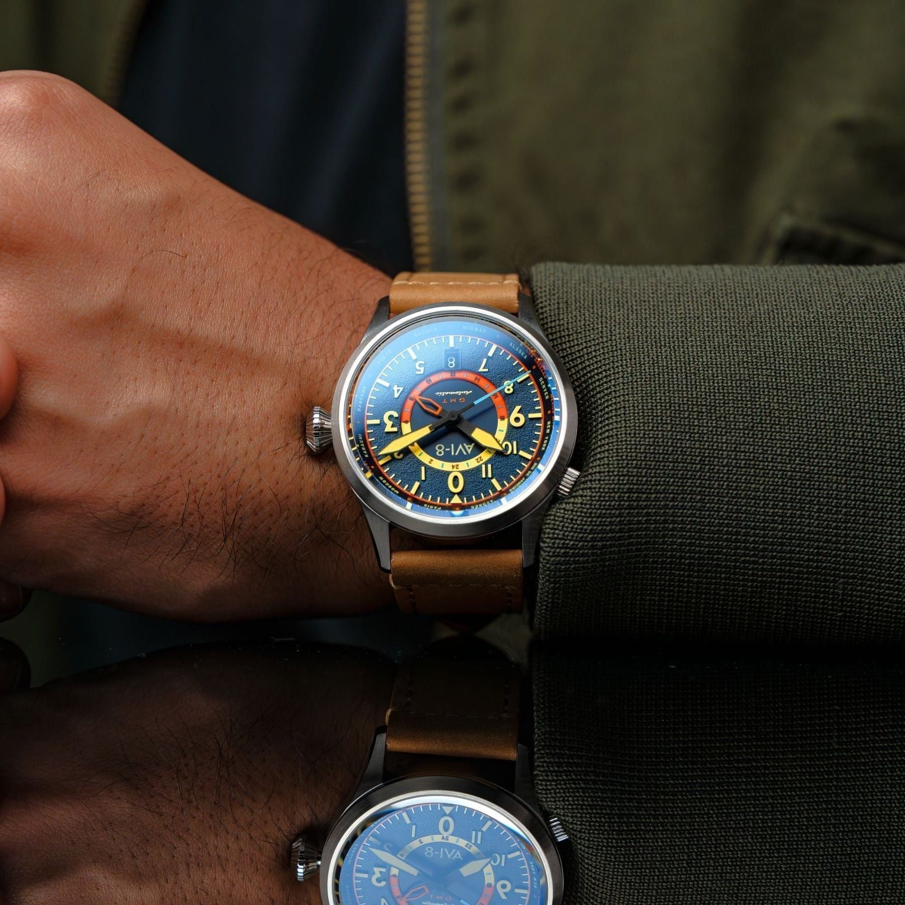 AVI - 8 Flyboy Wingman Worldtimer GMT Atlantic Blue Dial Automatic AV - 4120 - 01 Men's Watch With Extra Strap - Prestige Stones