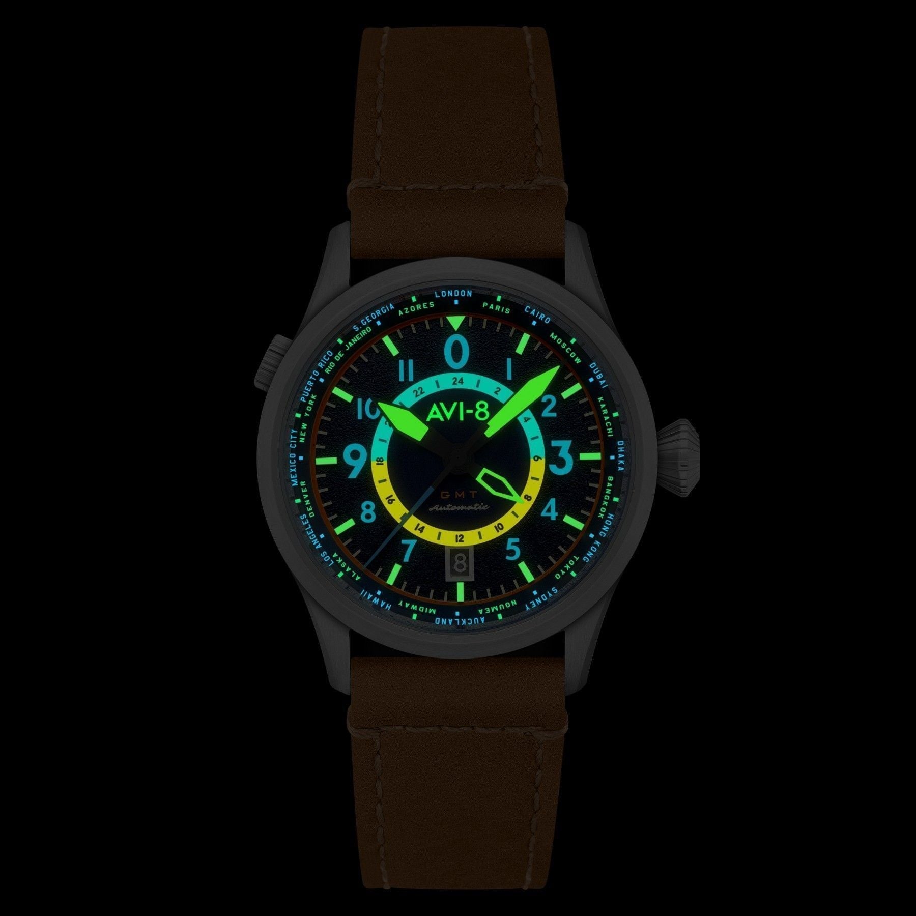 AVI - 8 Flyboy Wingman Worldtimer GMT Atlantic Blue Dial Automatic AV - 4120 - 01 Men's Watch With Extra Strap - Prestige Stones