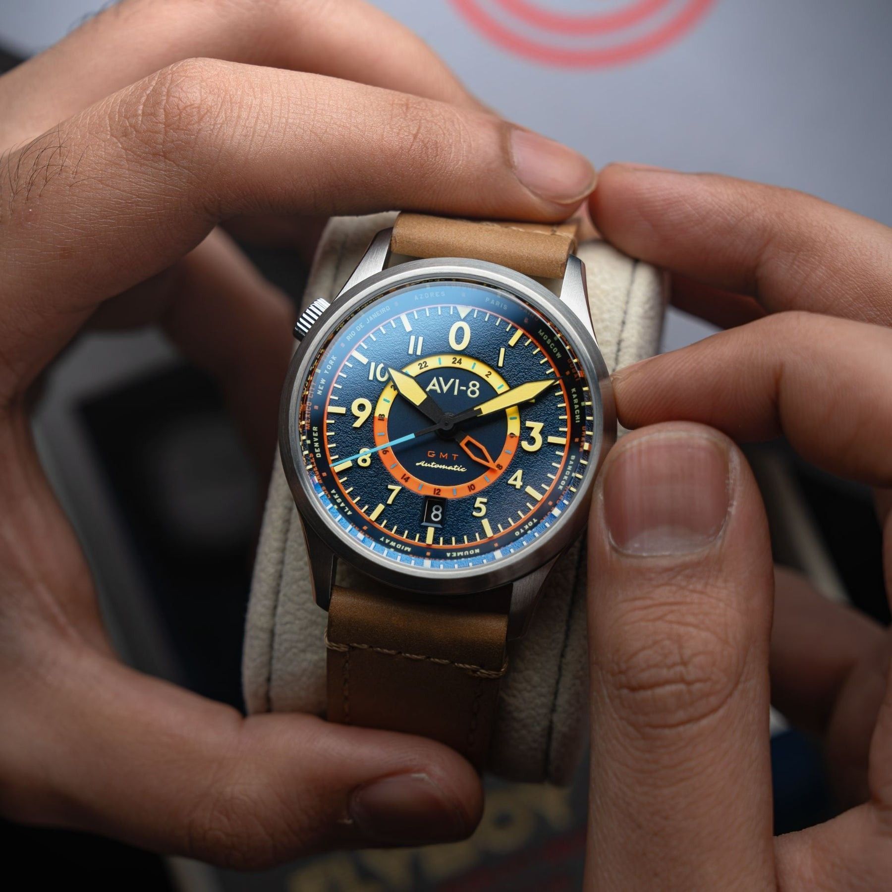 AVI - 8 Flyboy Wingman Worldtimer GMT Atlantic Blue Dial Automatic AV - 4120 - 01 Men's Watch With Extra Strap - Prestige Stones