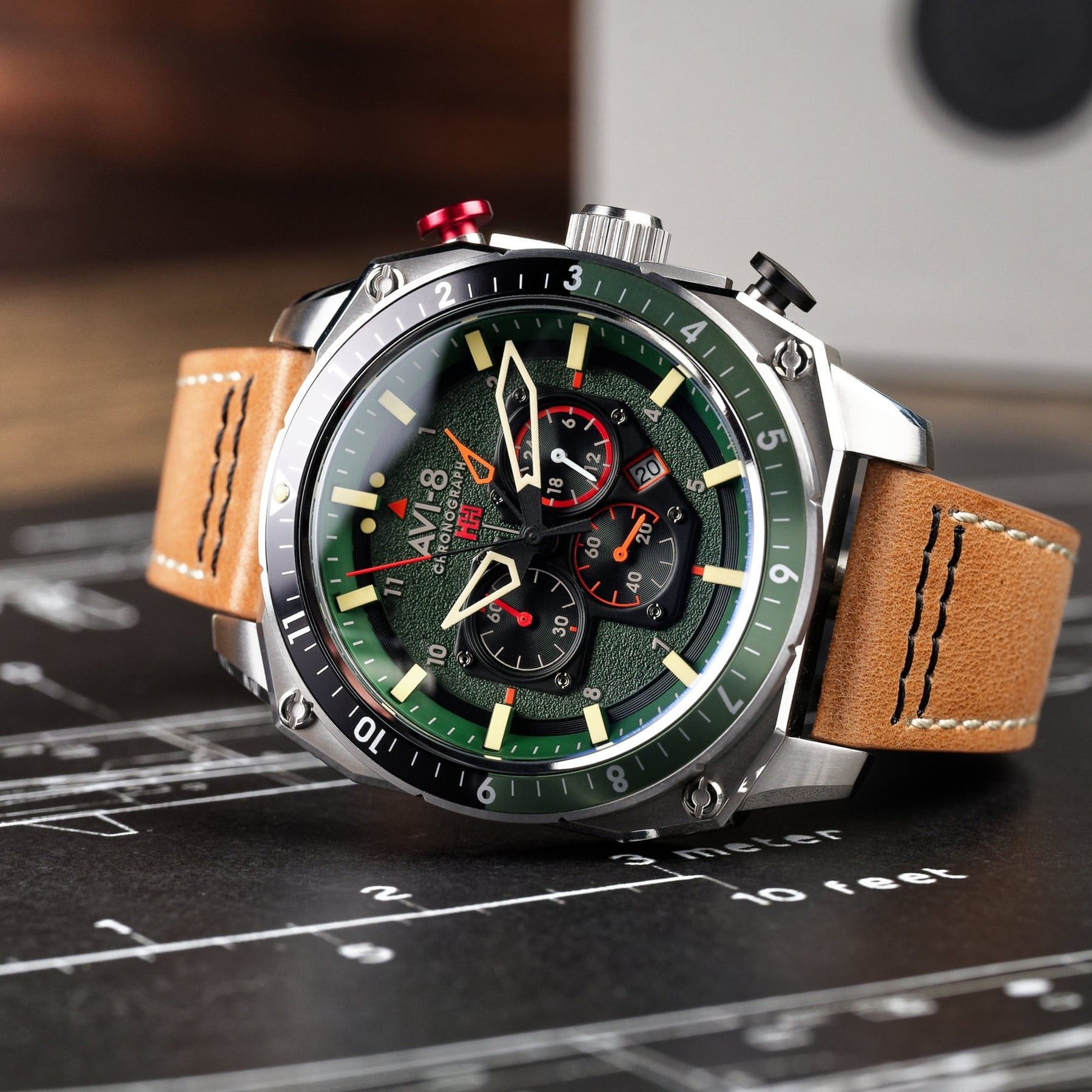 AVI - 8 Hawker Hunter Atlas Dual Time Chronograph Forest Quartz AV - 4100 - 01 Men's Watch - Prestige Stones