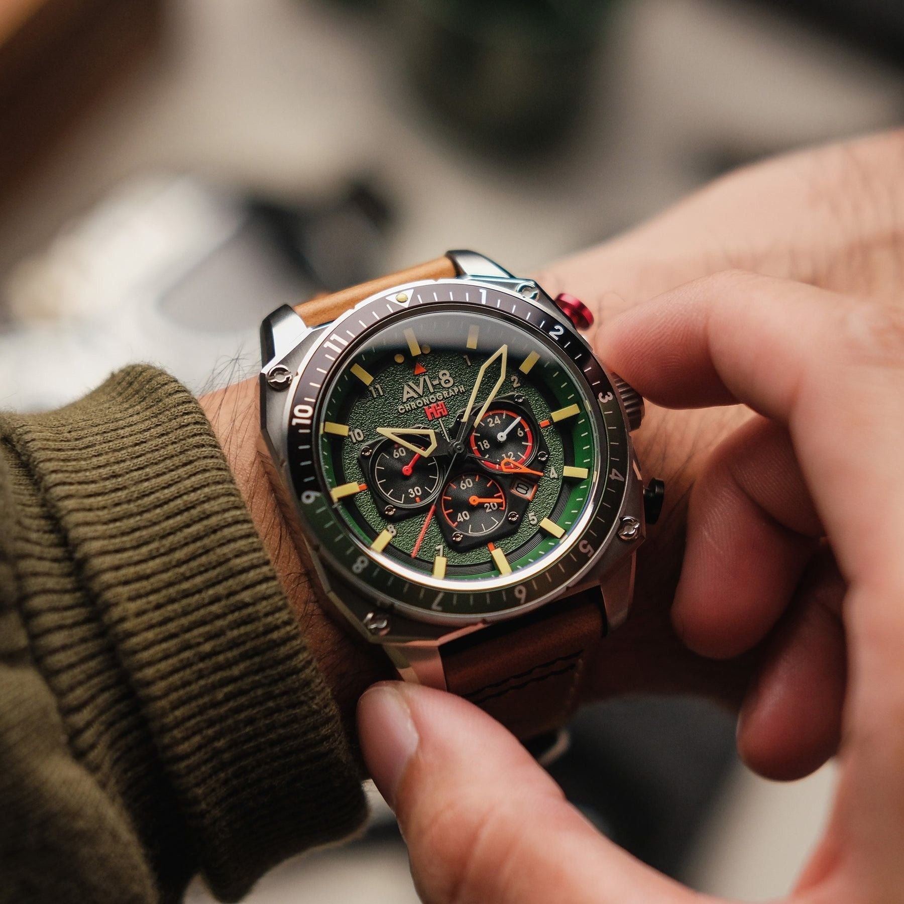 AVI - 8 Hawker Hunter Atlas Dual Time Chronograph Forest Quartz AV - 4100 - 01 Men's Watch - Prestige Stones