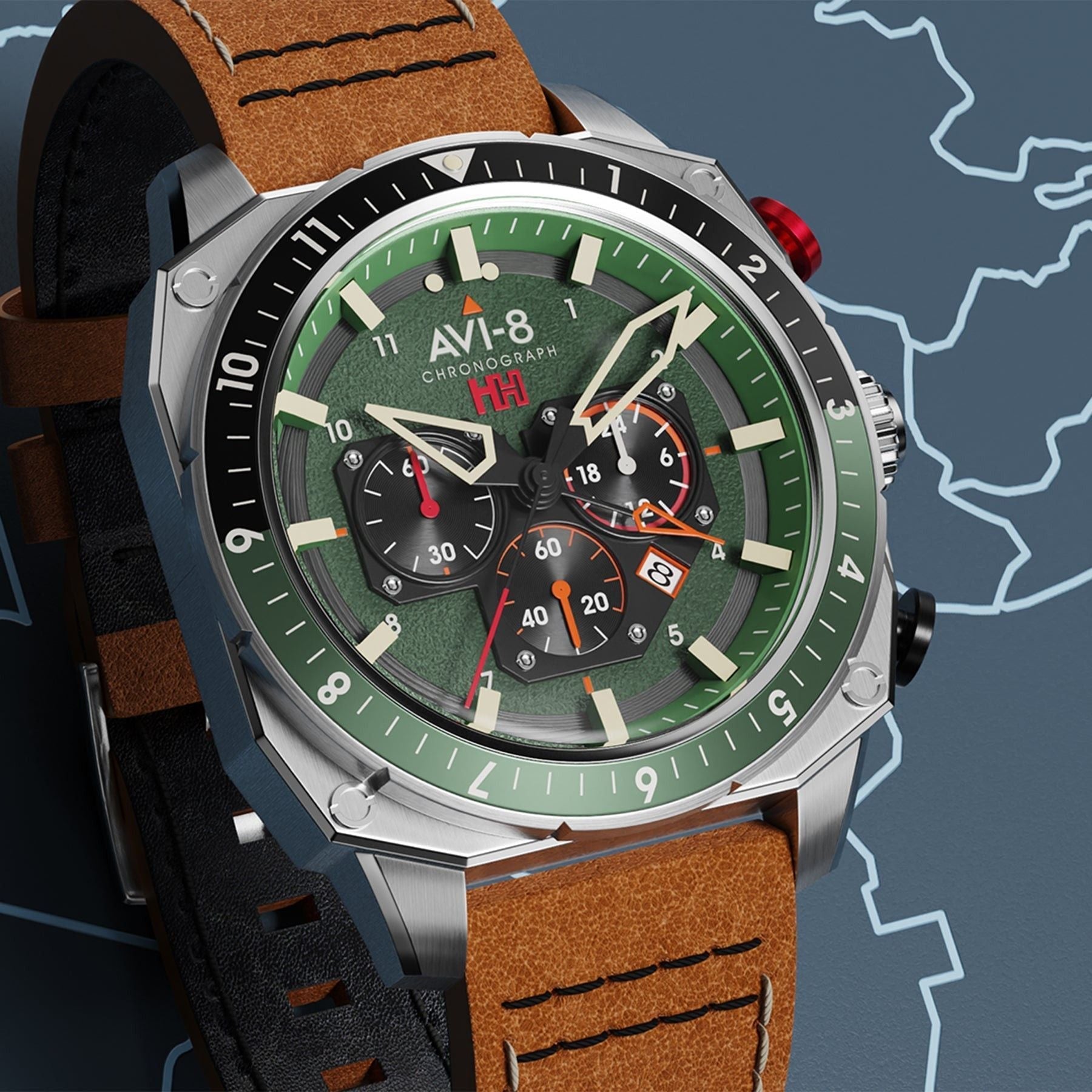AVI - 8 Hawker Hunter Atlas Dual Time Chronograph Forest Quartz AV - 4100 - 01 Men's Watch - Prestige Stones