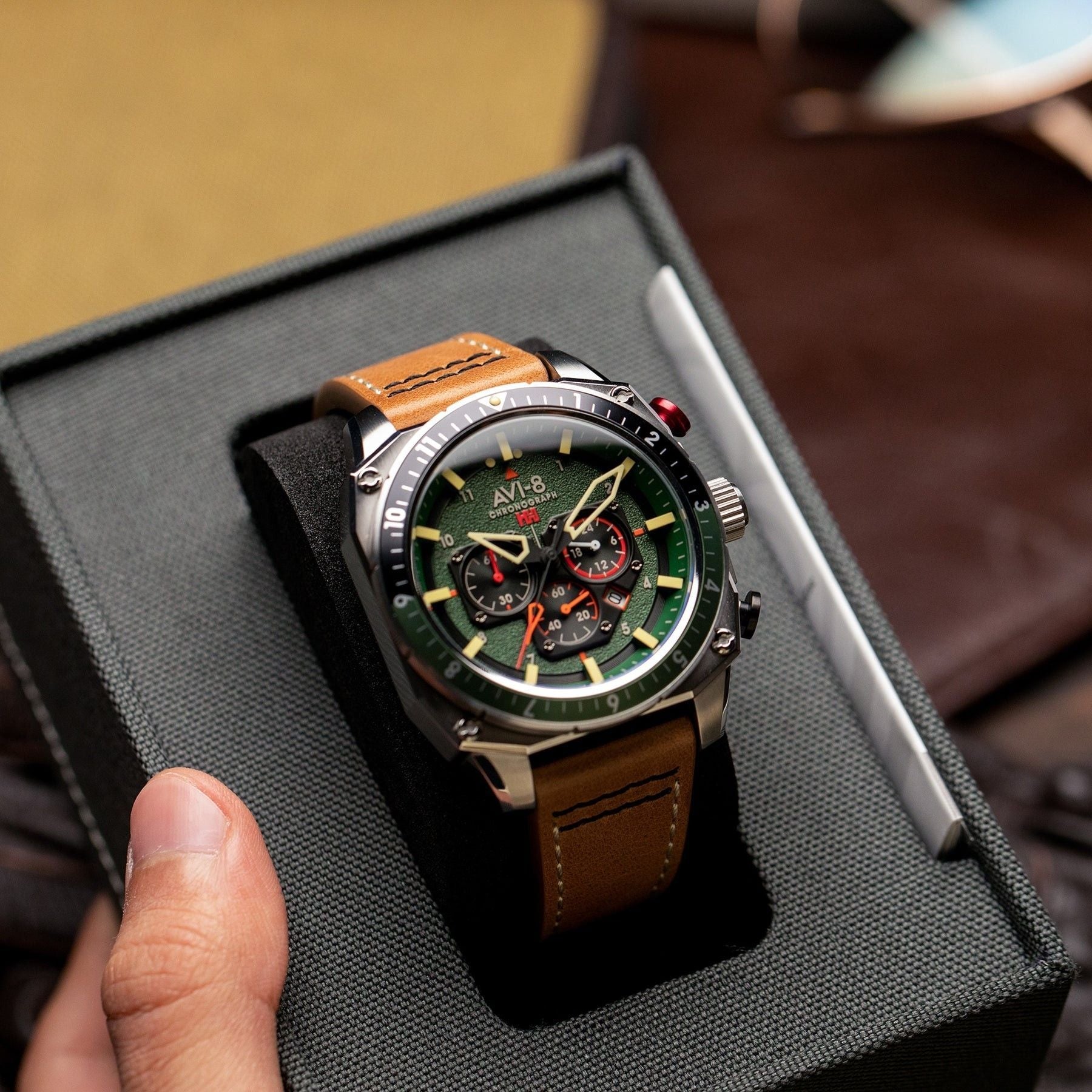 AVI - 8 Hawker Hunter Atlas Dual Time Chronograph Forest Quartz AV - 4100 - 01 Men's Watch - Prestige Stones