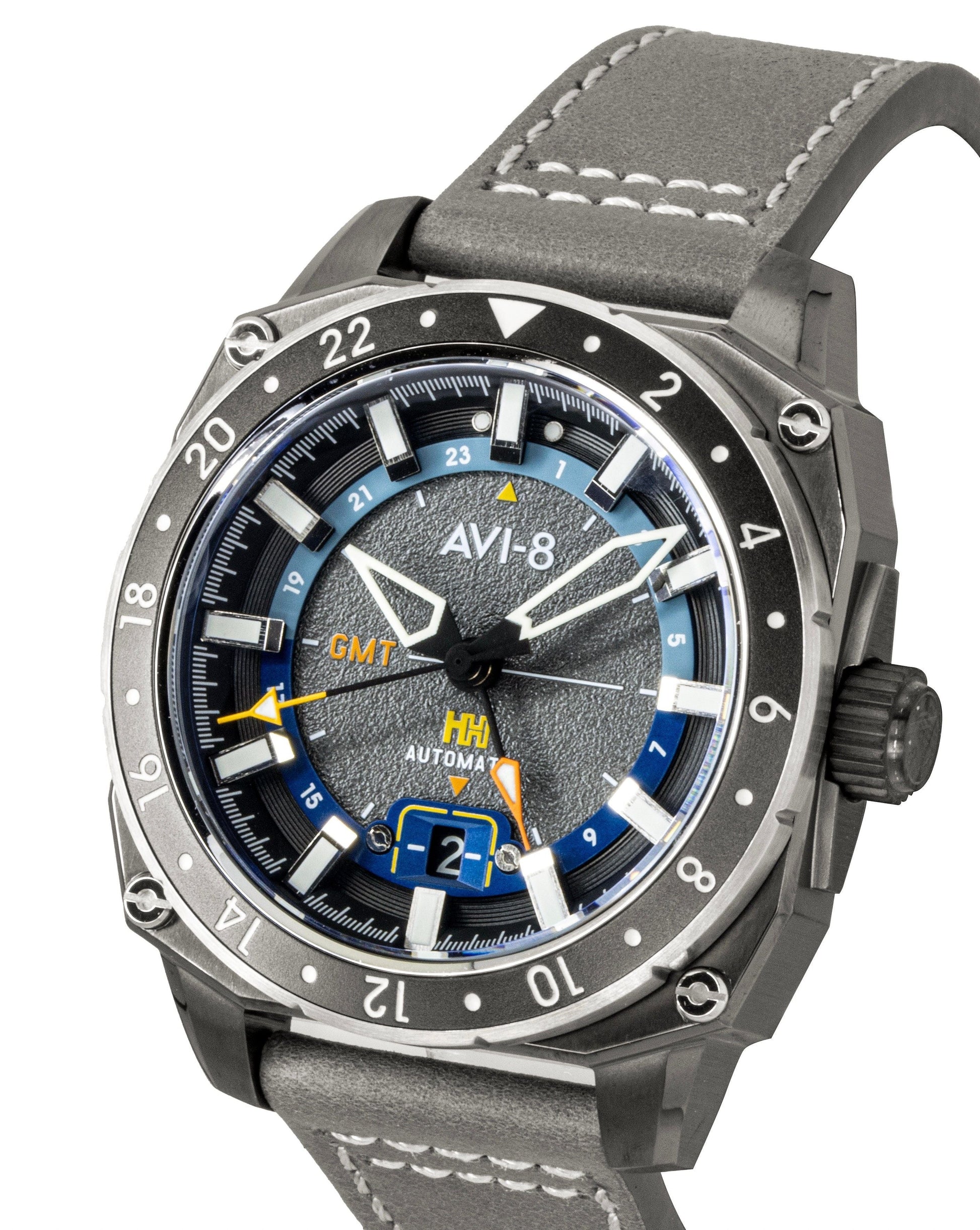 AVI - 8 Hawker Hunter Atlas GMT Leather Strap Mist Grey Dial Automatic AV - 4122 - 04 Men's Watch - Prestige Stones