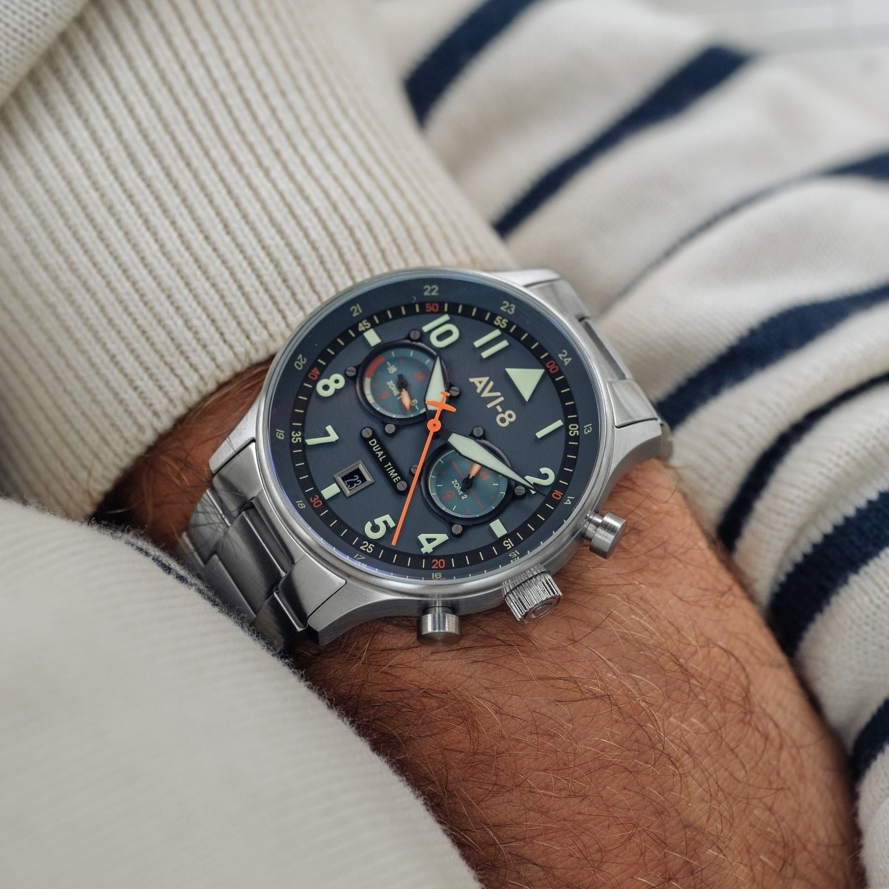 AVI - 8 Hawker Hurricane Carey Dual Time Gutersloh Stainless Steel Blue Dial Quartz AV - 4088 - 22 Men's Watch - Prestige Stones