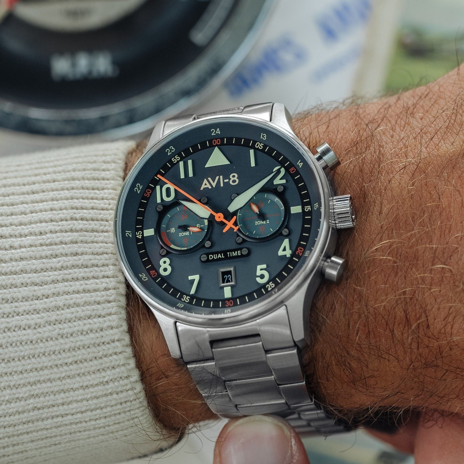 AVI - 8 Hawker Hurricane Carey Dual Time Gutersloh Stainless Steel Blue Dial Quartz AV - 4088 - 22 Men's Watch - Prestige Stones