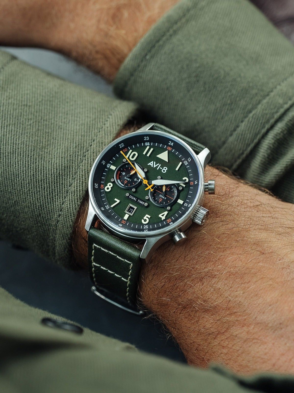 AVI - 8 Hawker Hurricane Carey Dual Time Merville Green Dial Quartz AV - 4088 - 02 Men's Watch - Prestige Stones