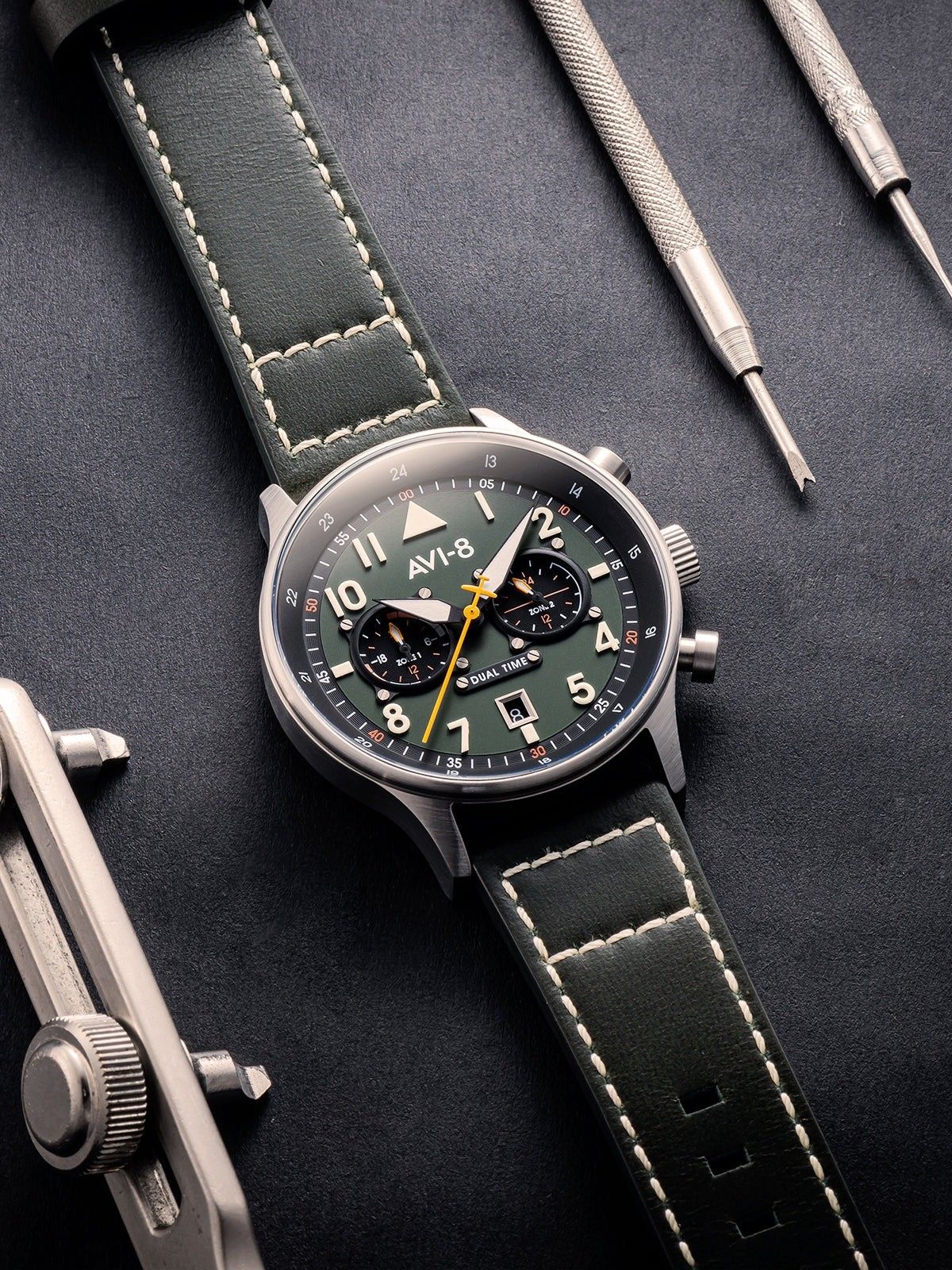AVI - 8 Hawker Hurricane Carey Dual Time Merville Green Dial Quartz AV - 4088 - 02 Men's Watch - Prestige Stones