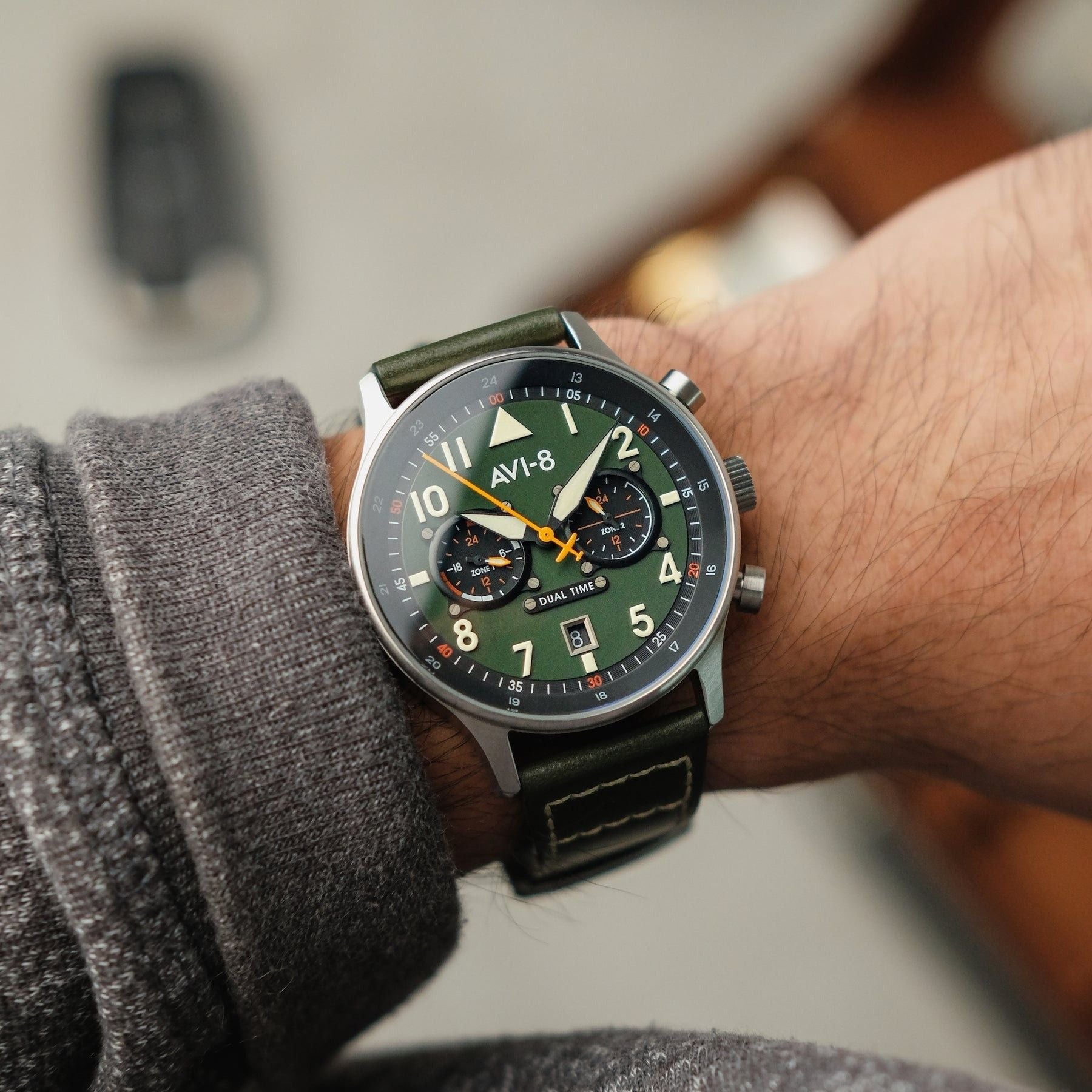 AVI - 8 Hawker Hurricane Carey Dual Time Merville Green Dial Quartz AV - 4088 - 02 Men's Watch - Prestige Stones