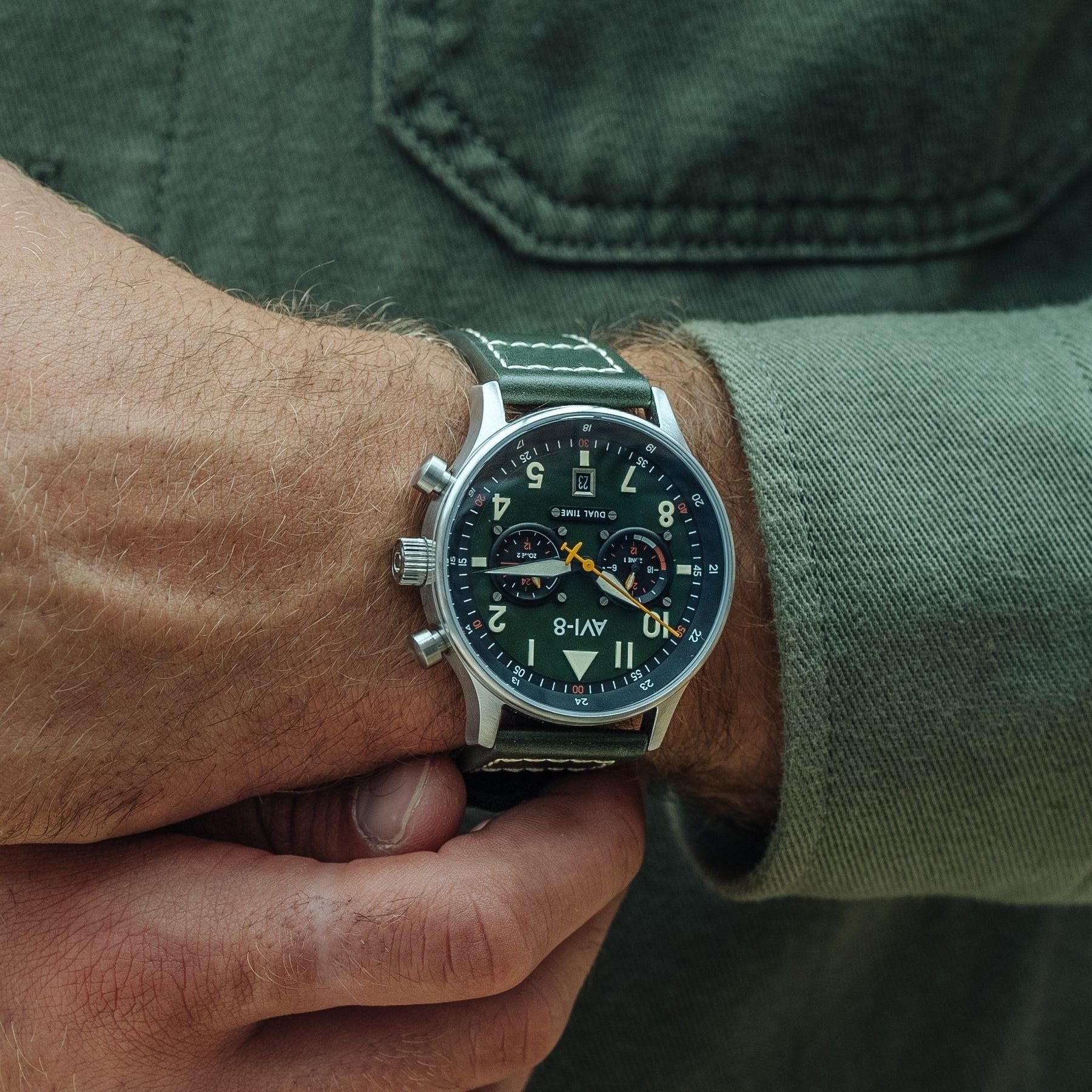 AVI - 8 Hawker Hurricane Carey Dual Time Merville Green Dial Quartz AV - 4088 - 02 Men's Watch - Prestige Stones