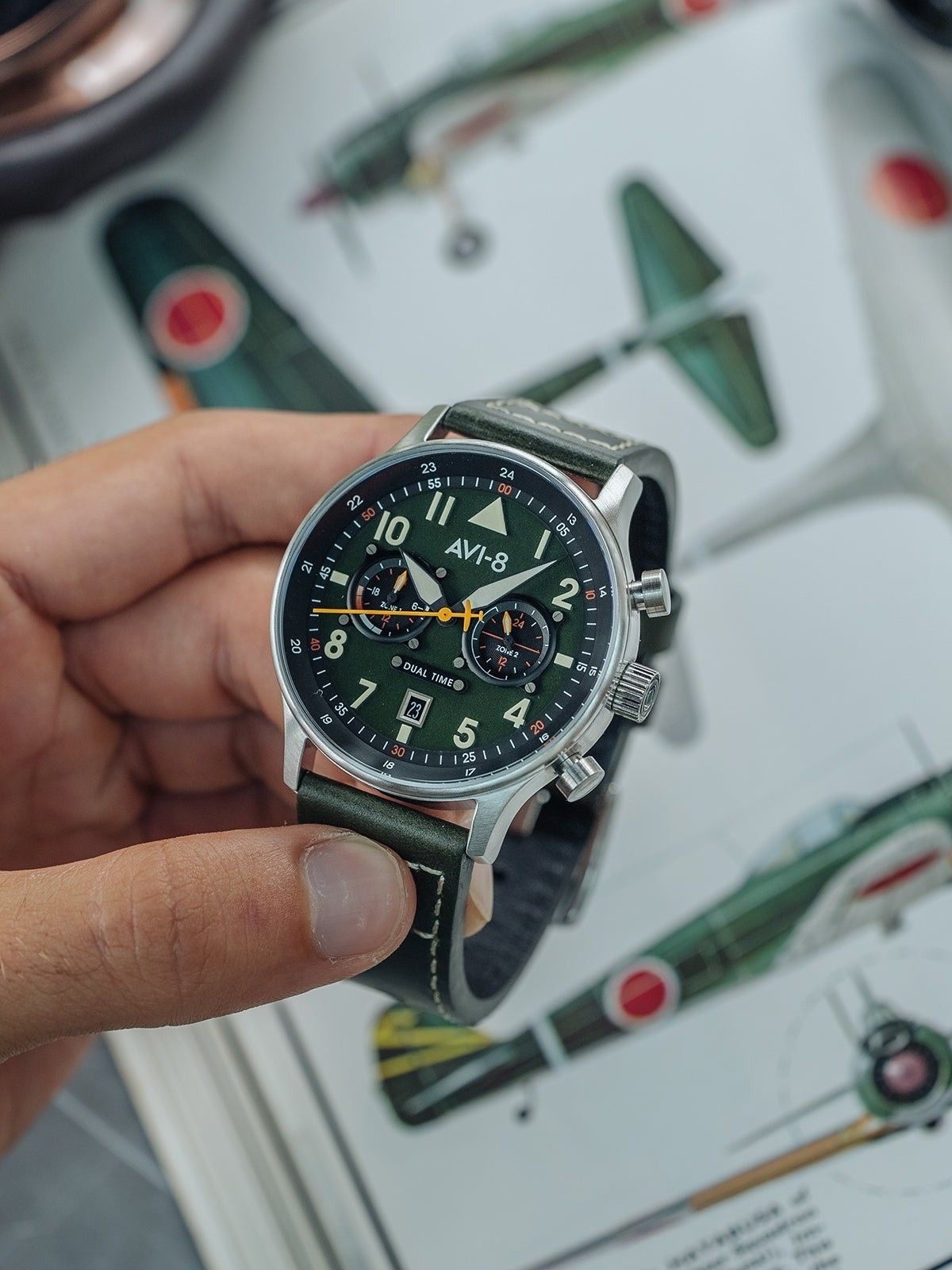 AVI - 8 Hawker Hurricane Carey Dual Time Merville Green Dial Quartz AV - 4088 - 02 Men's Watch - Prestige Stones