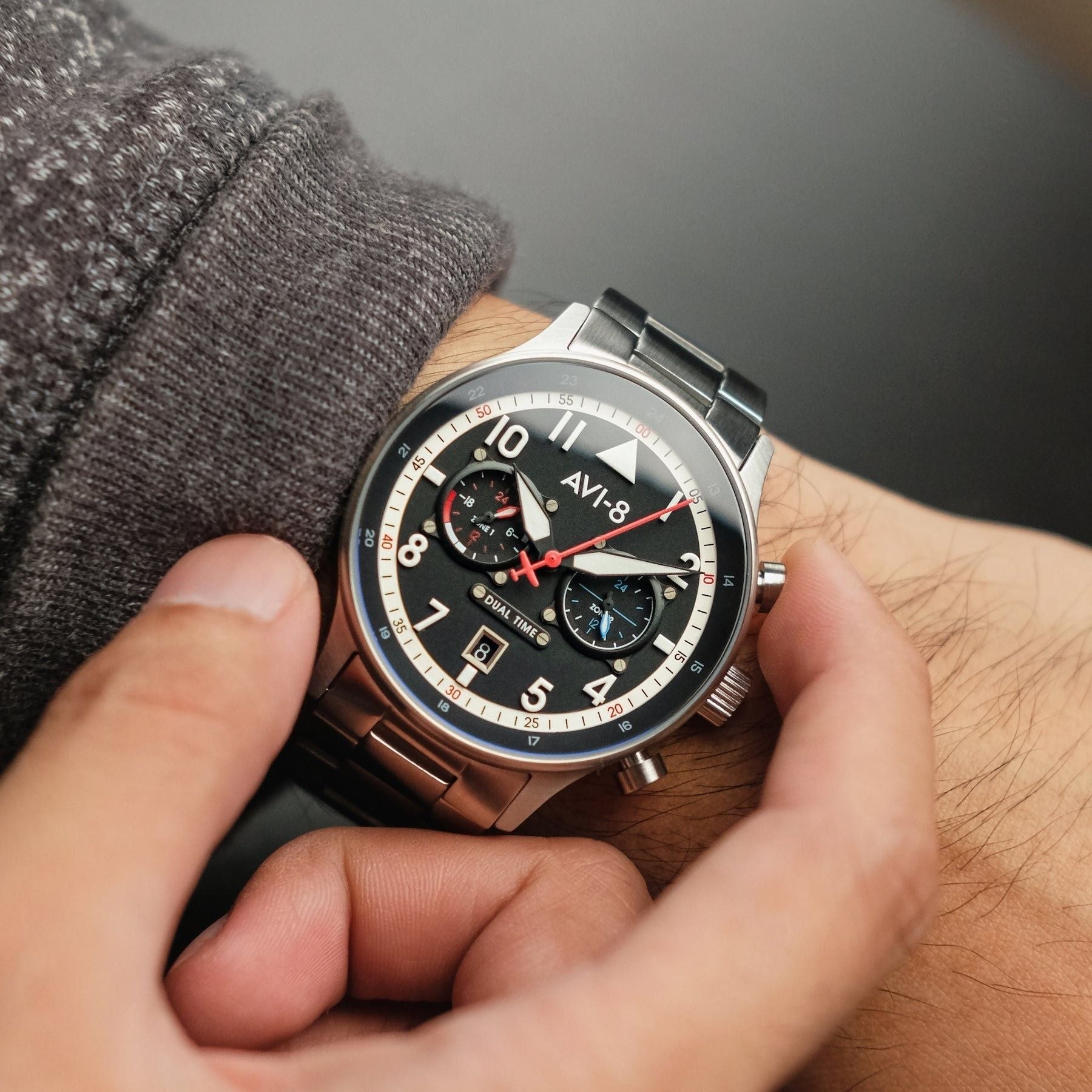 AVI - 8 Hawker Hurricane Carey Dual Time Rangoon Black Dial Quartz AV - 4088 - 11 Men's Watch - Prestige Stones