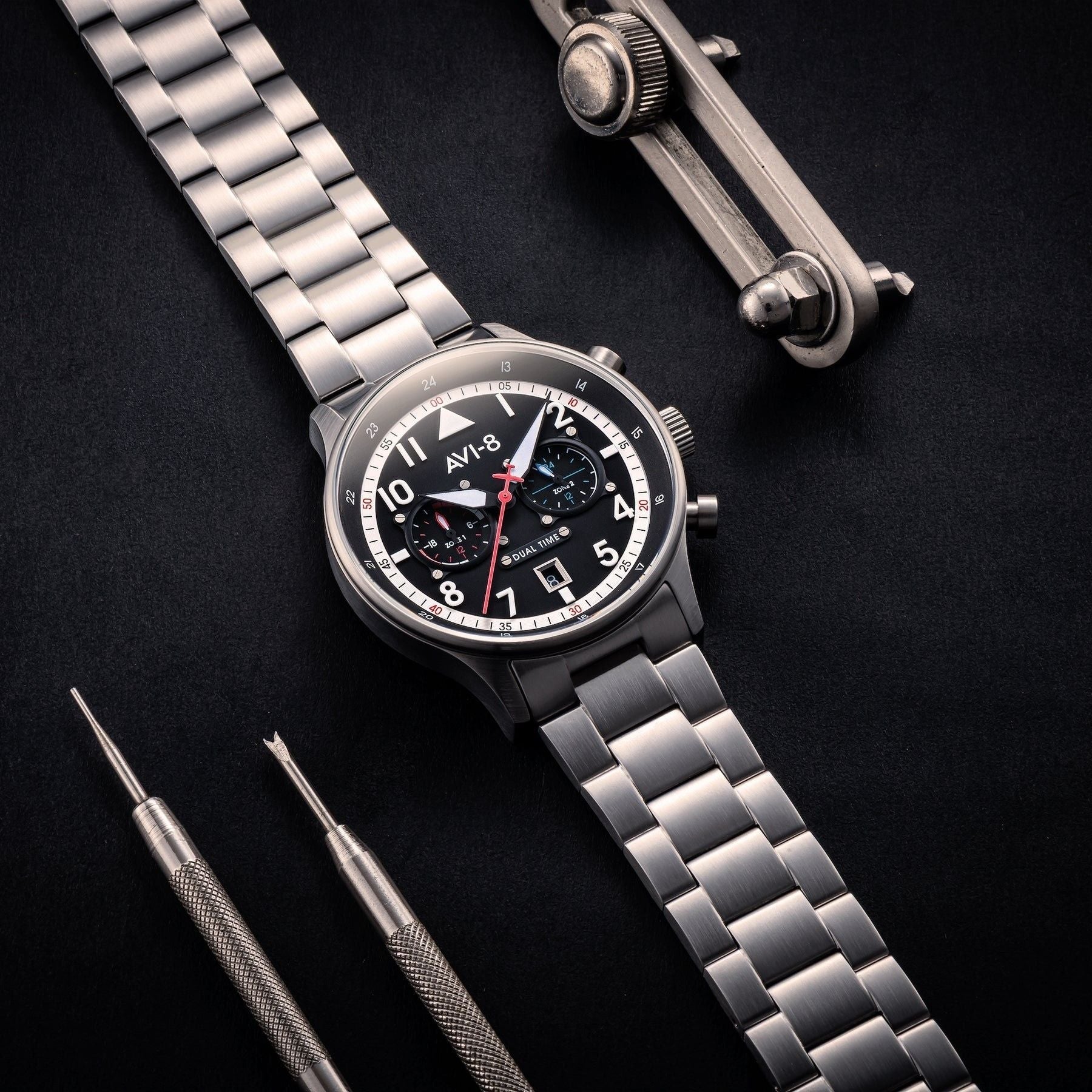 AVI - 8 Hawker Hurricane Carey Dual Time Rangoon Black Dial Quartz AV - 4088 - 11 Men's Watch - Prestige Stones