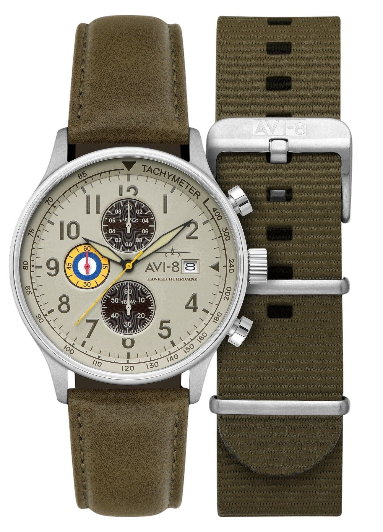 AVI - 8 Hawker Hurricane Classic Chronograph Khaki Dial Quartz AV - 4011 - 1B Men's Watch With Extra Strap - Prestige Stones