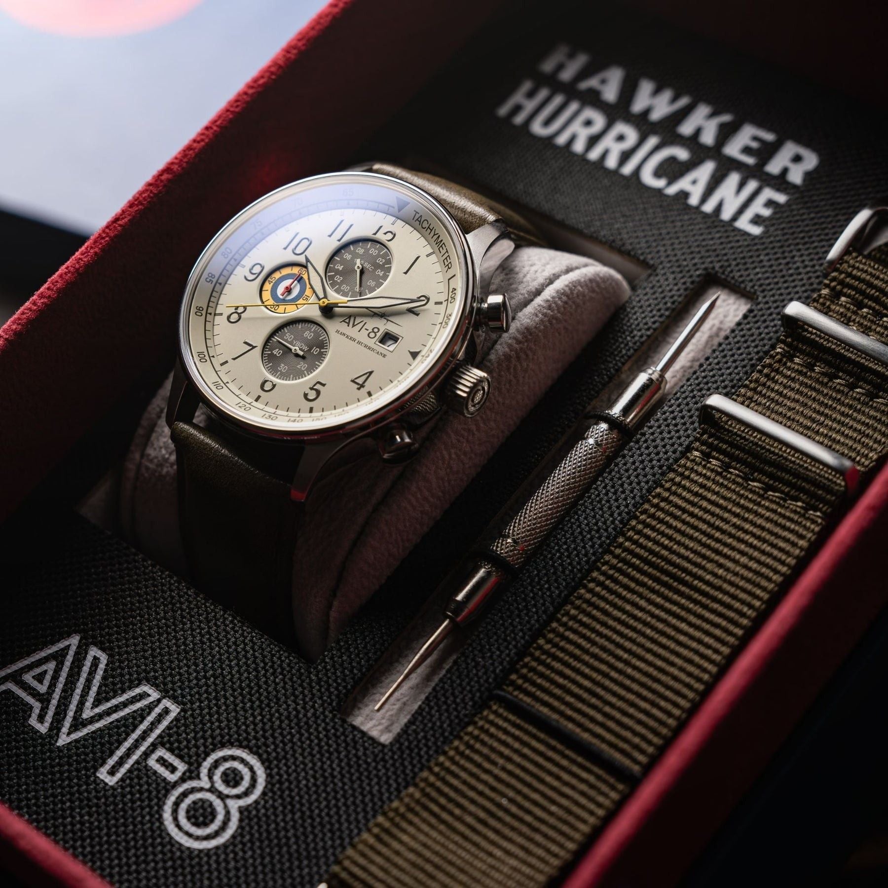 AVI - 8 Hawker Hurricane Classic Chronograph Khaki Dial Quartz AV - 4011 - 1B Men's Watch With Extra Strap - Prestige Stones