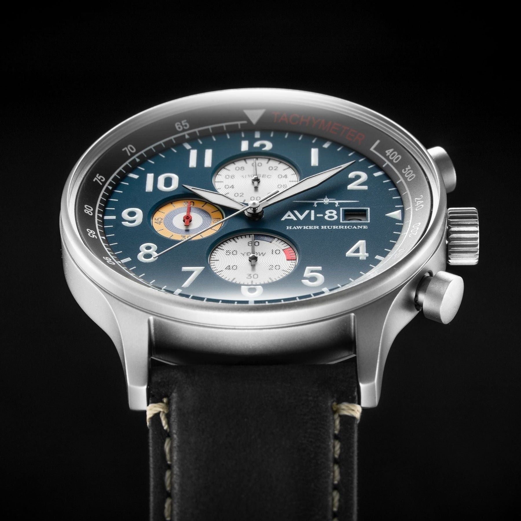 AVI - 8 Hawker Hurricane Classic Chronograph Midnight Black Leather Strap Blue Dial Quartz AV - 4011 - 0I Men's Watch - Prestige Stones
