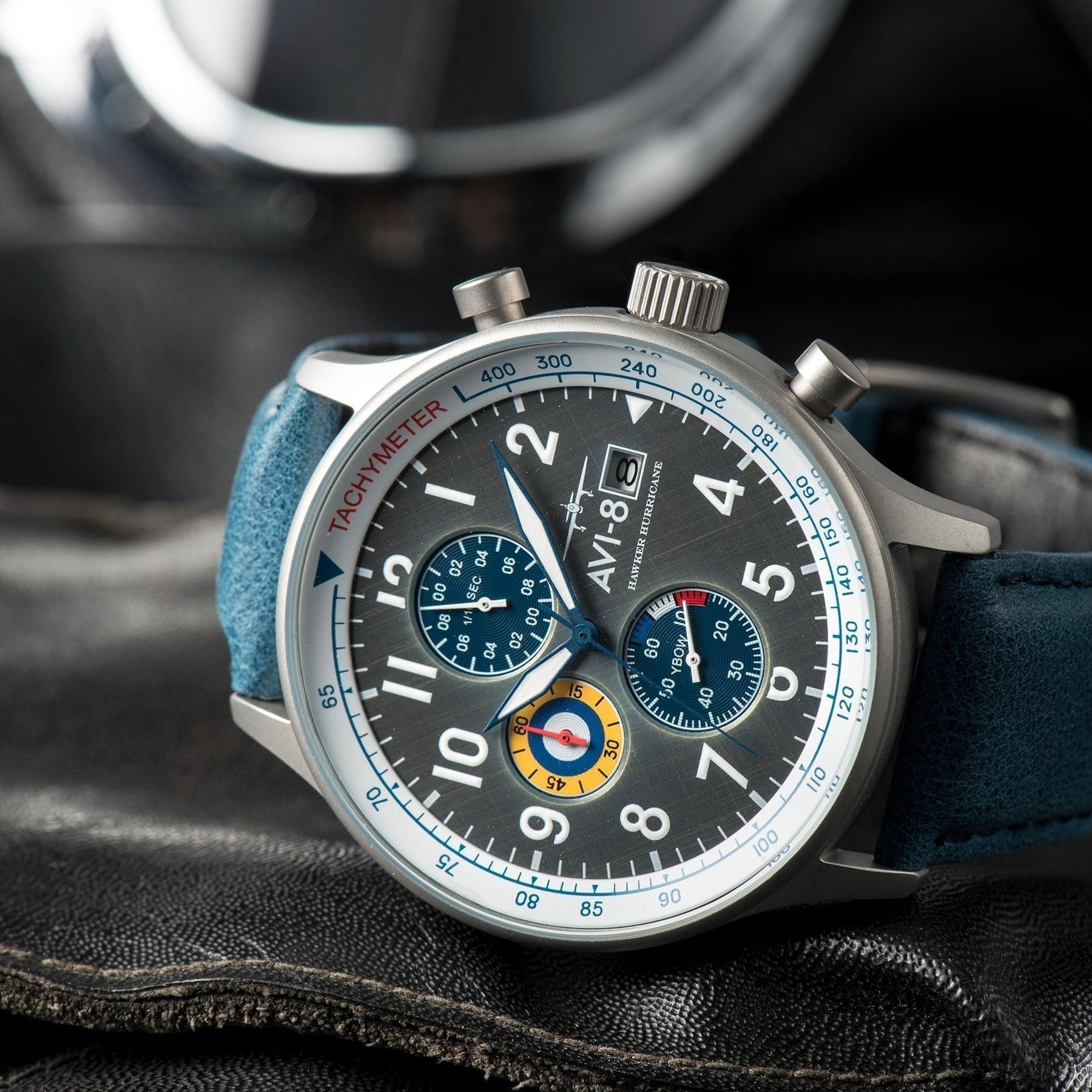 AVI - 8 Hawker Hurricane Classic Chronograph Pennant Blue Leather Strap Grey Dial Quartz AV - 4011 - 0F Men's Watch - Prestige Stones