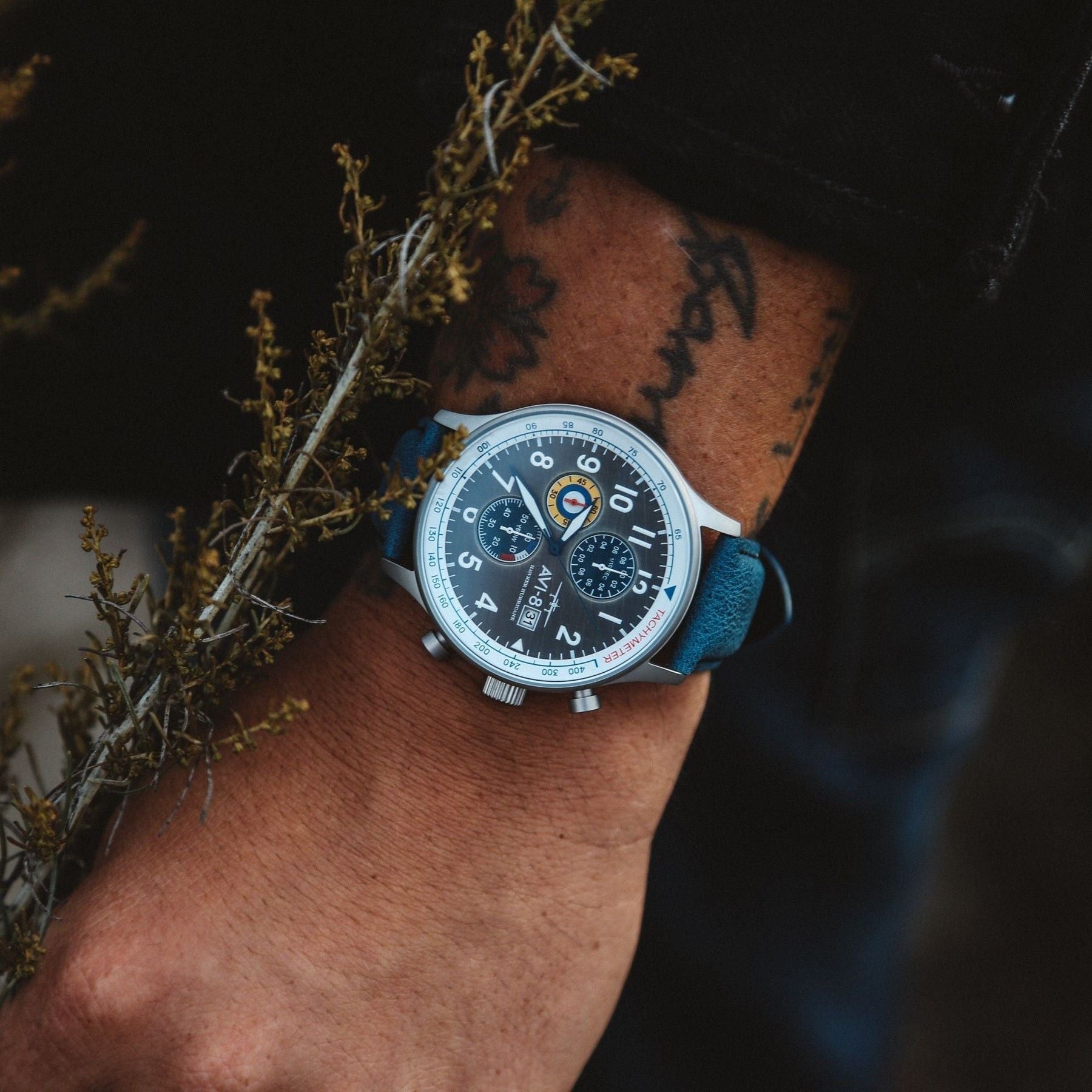 AVI - 8 Hawker Hurricane Classic Chronograph Pennant Blue Leather Strap Grey Dial Quartz AV - 4011 - 0F Men's Watch - Prestige Stones