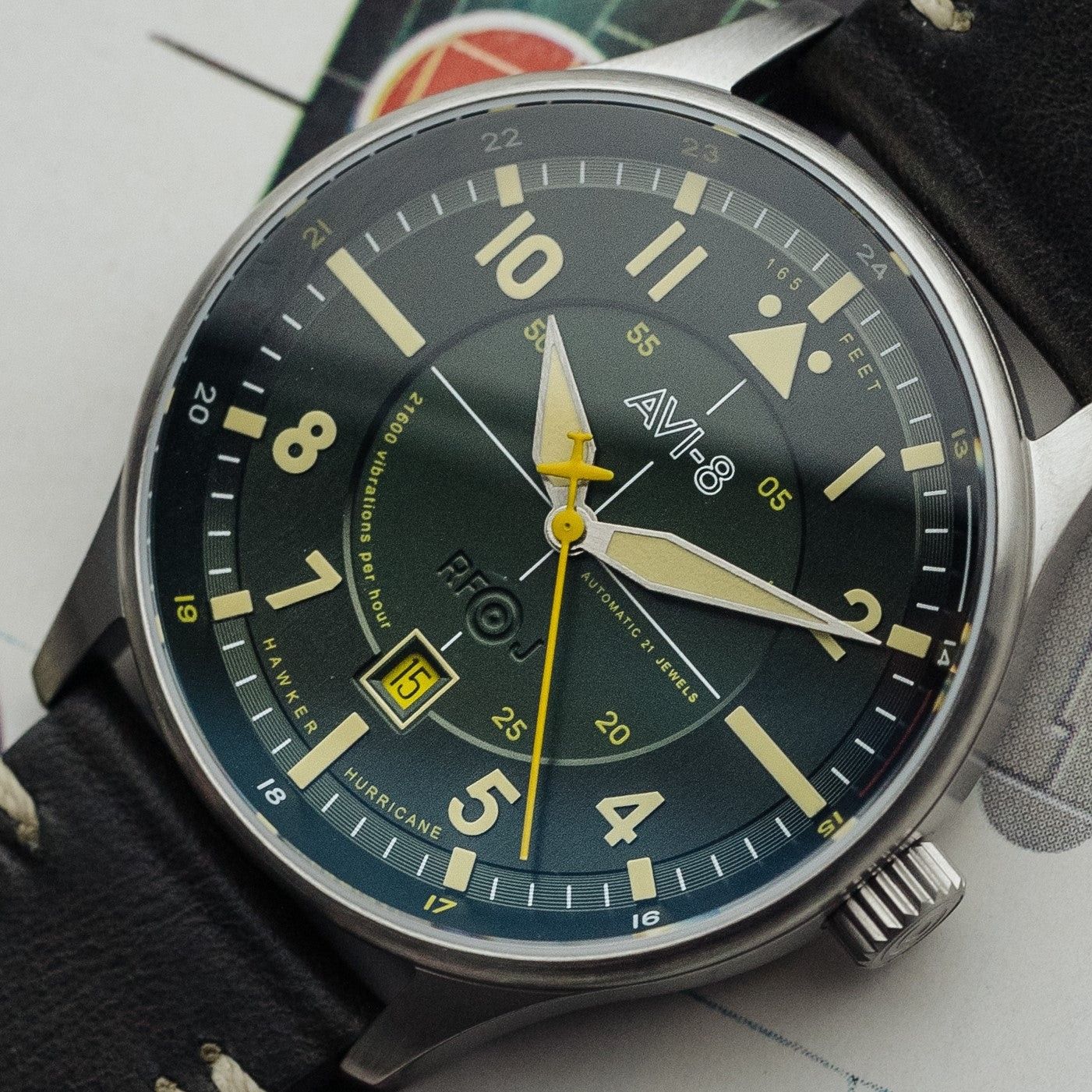 AVI - 8 Hawker Hurricane Kent Automatic Hampshire Leather Strap Green Dial AV - 4094 - 03 Men's Watch - Prestige Stones