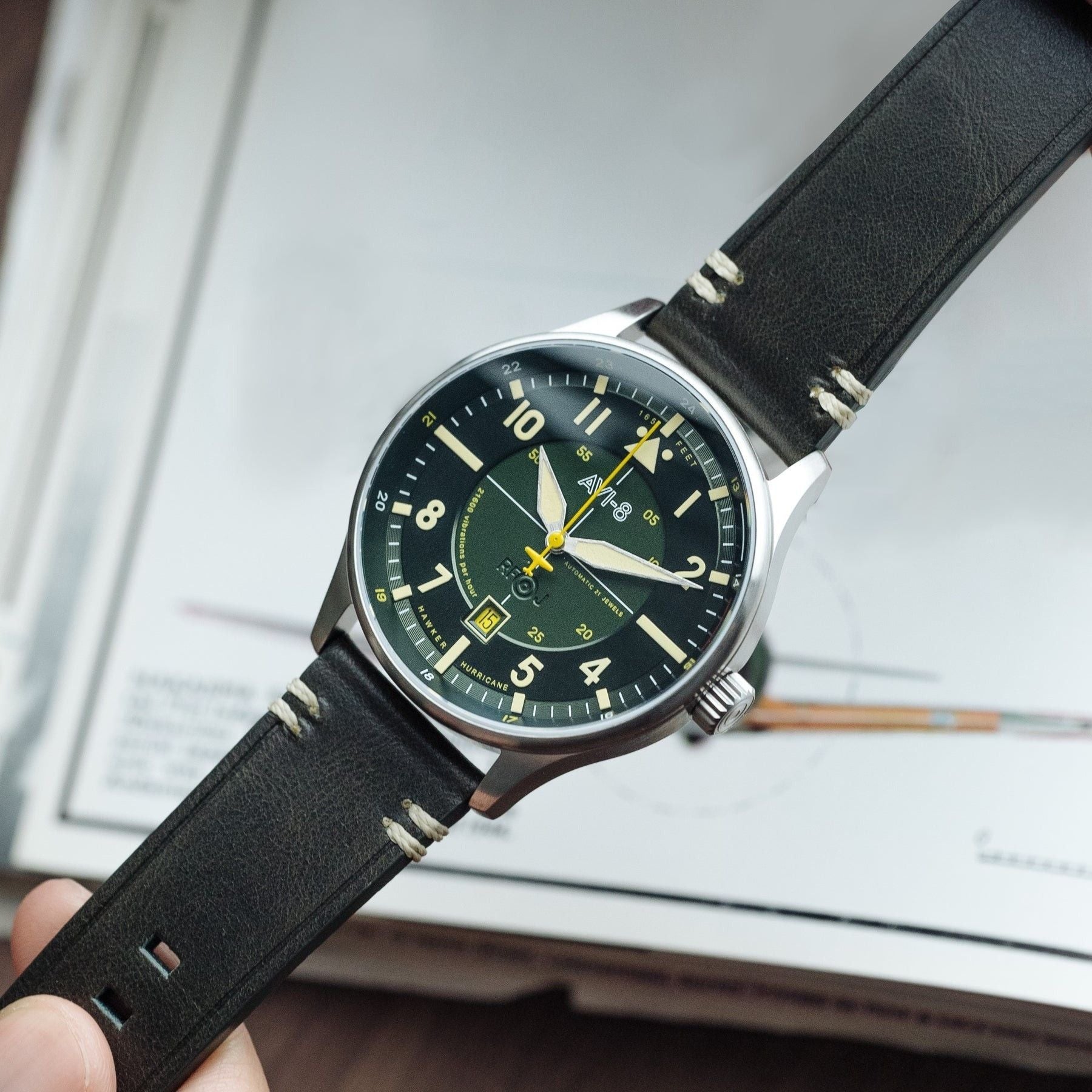 AVI - 8 Hawker Hurricane Kent Automatic Hampshire Leather Strap Green Dial AV - 4094 - 03 Men's Watch - Prestige Stones