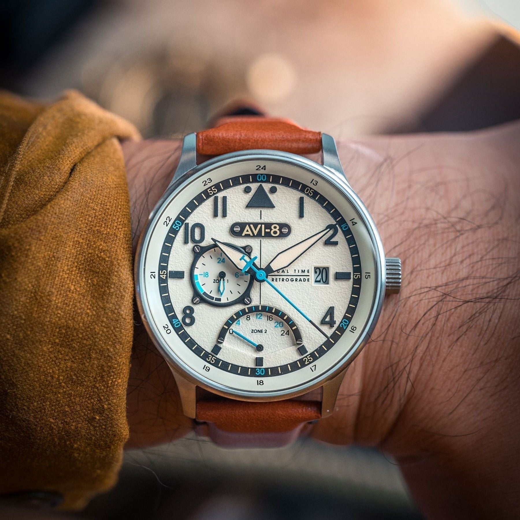 AVI - 8 Hawker Hurricane Mckellar Dual Time Brown Beige Leather Strap Cream Dial AV - 4101 - 0C Quartz Men's Watch With Extra Strap - Prestige Stones