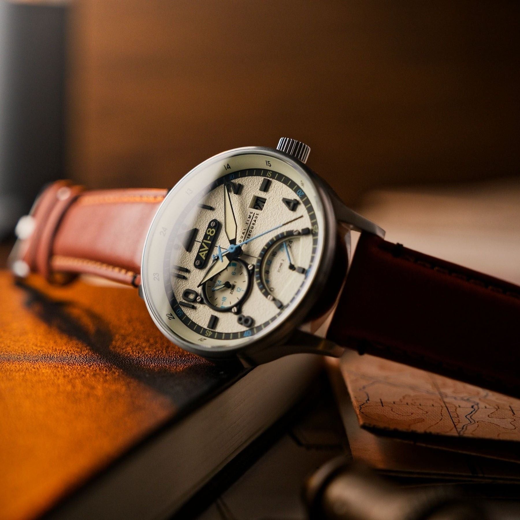 AVI - 8 Hawker Hurricane Mckellar Dual Time Brown Beige Leather Strap Cream Dial AV - 4101 - 0C Quartz Men's Watch With Extra Strap - Prestige Stones