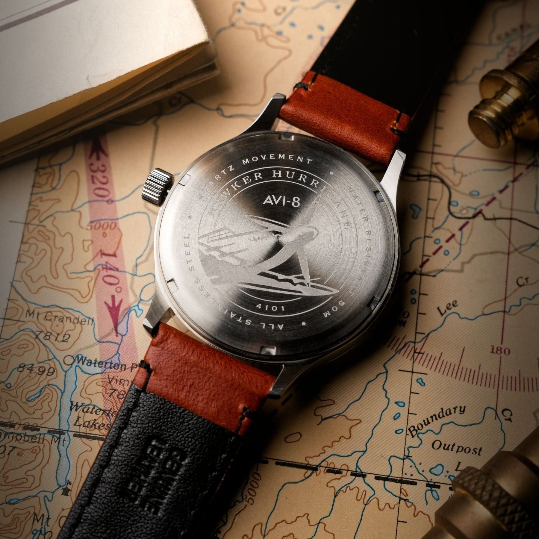 AVI - 8 Hawker Hurricane Mckellar Dual Time Brown Beige Leather Strap Cream Dial AV - 4101 - 0C Quartz Men's Watch With Extra Strap - Prestige Stones