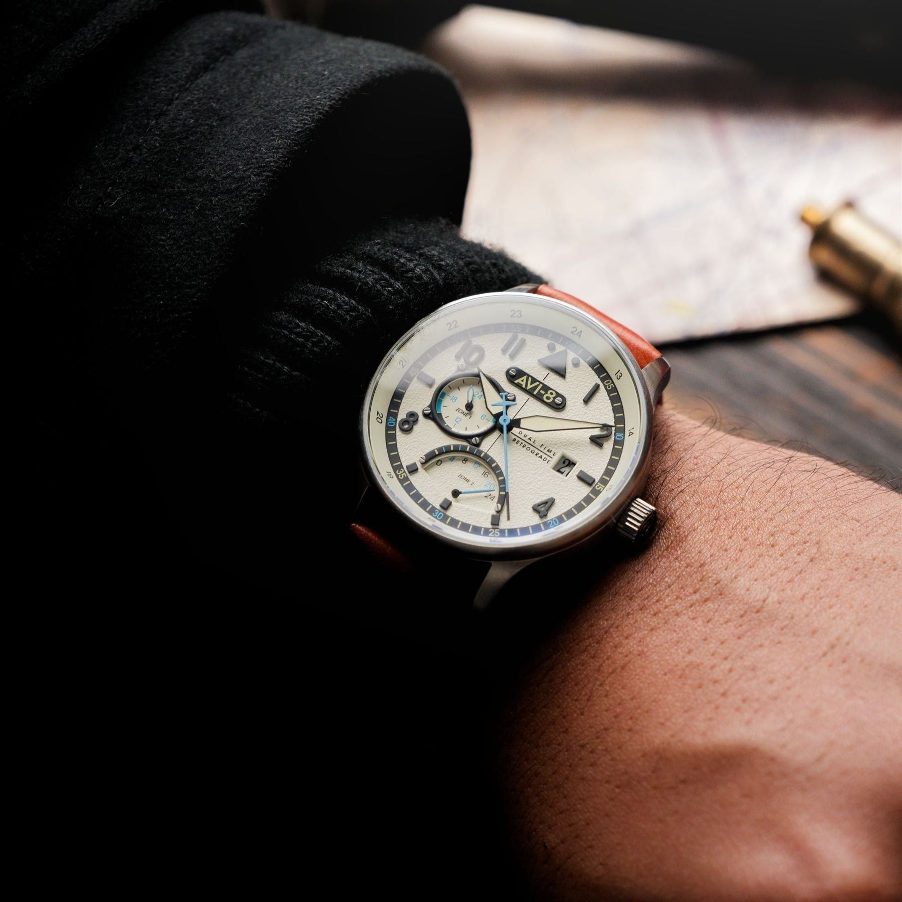 AVI - 8 Hawker Hurricane Mckellar Dual Time Brown Beige Leather Strap Cream Dial AV - 4101 - 0C Quartz Men's Watch With Extra Strap - Prestige Stones