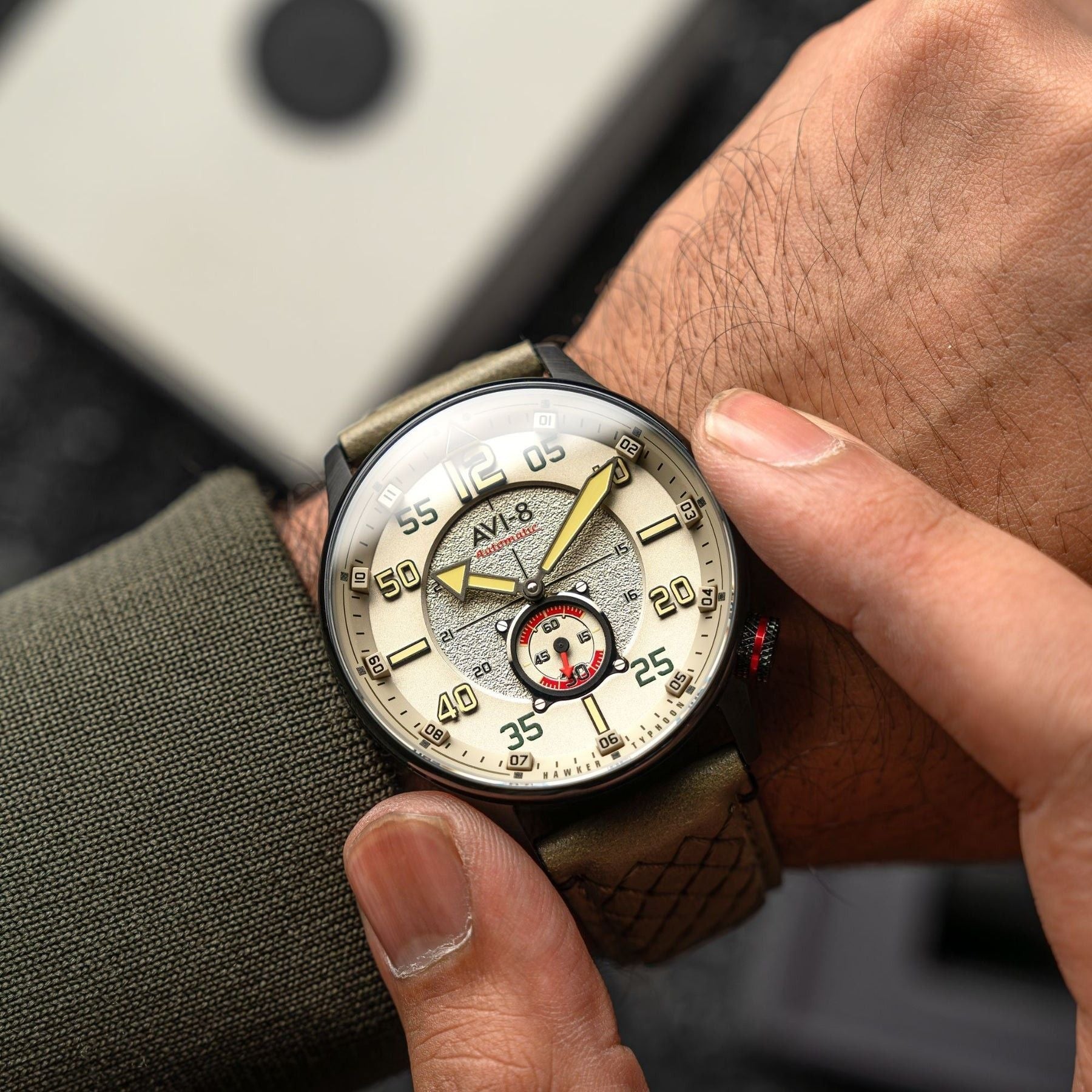 AVI - 8 Hawker Typhoon Baldwin Automatic Leather Strap Dark Khaki Dial AV - 4119 - 04 Men's Watch - Prestige Stones