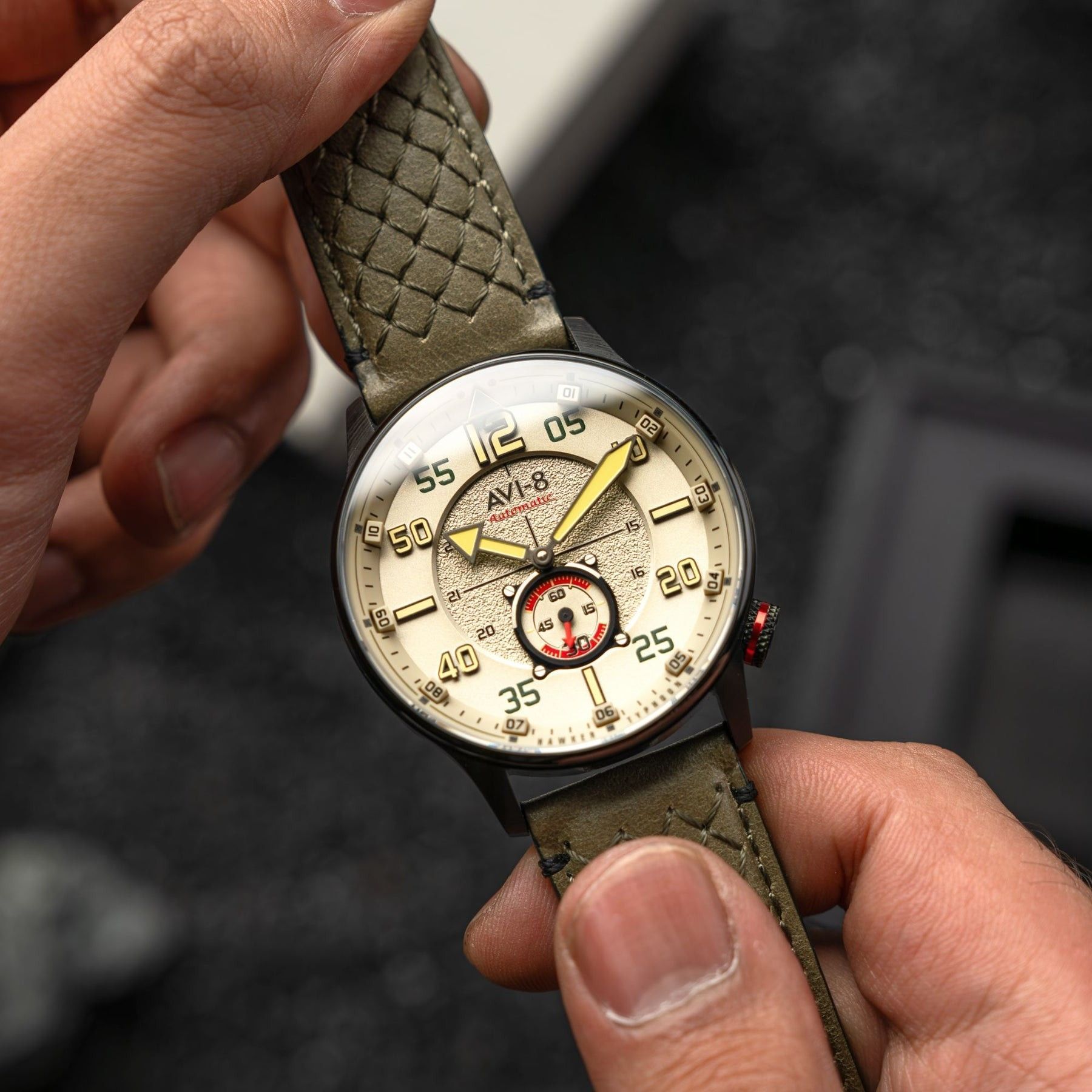 AVI - 8 Hawker Typhoon Baldwin Automatic Leather Strap Dark Khaki Dial AV - 4119 - 04 Men's Watch - Prestige Stones