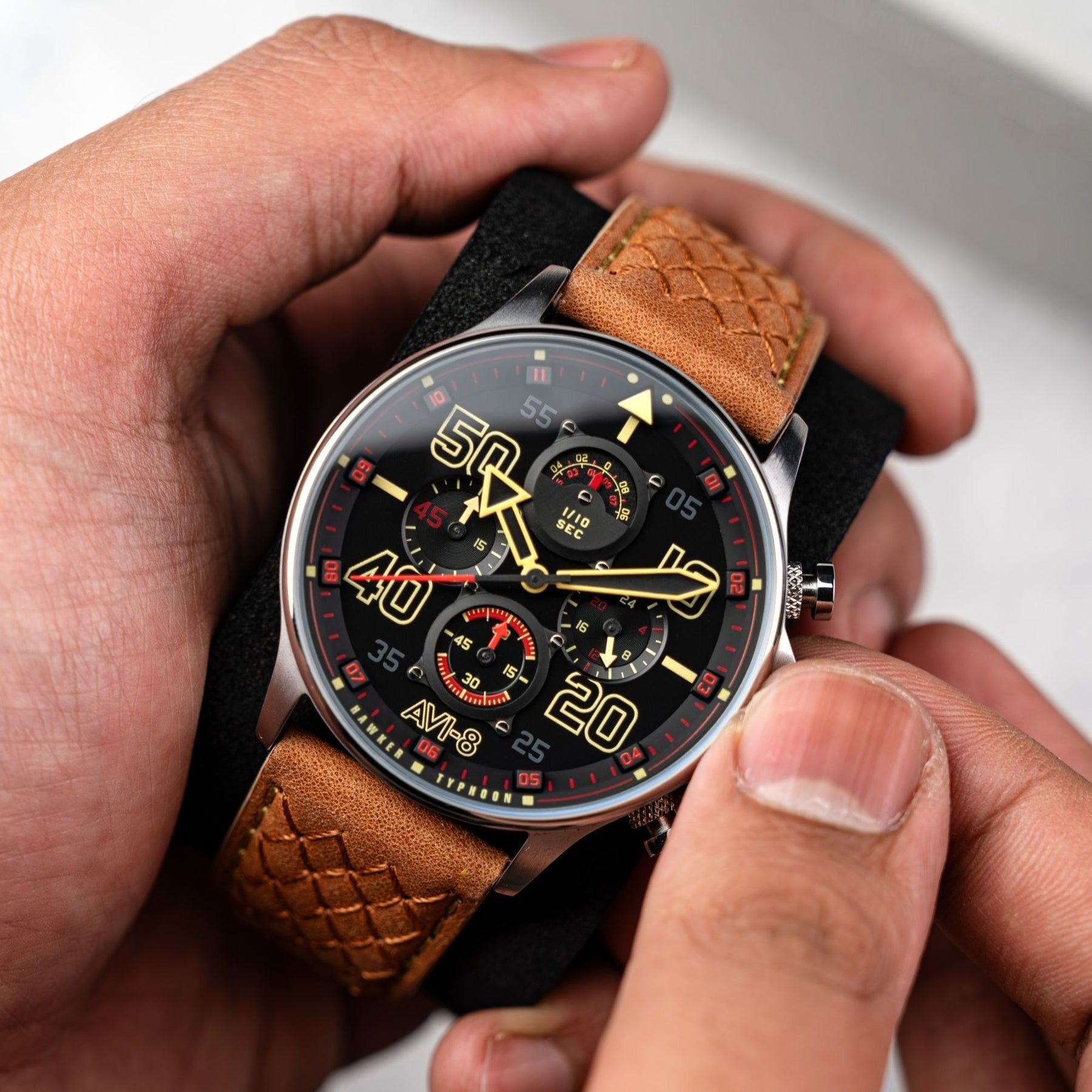 AVI - 8 Hawker Typhoon Coningham Chronograph Baldwin Leather Strap Black Dial Quartz AV - 4093 - 0B Men's Watch - Prestige Stones