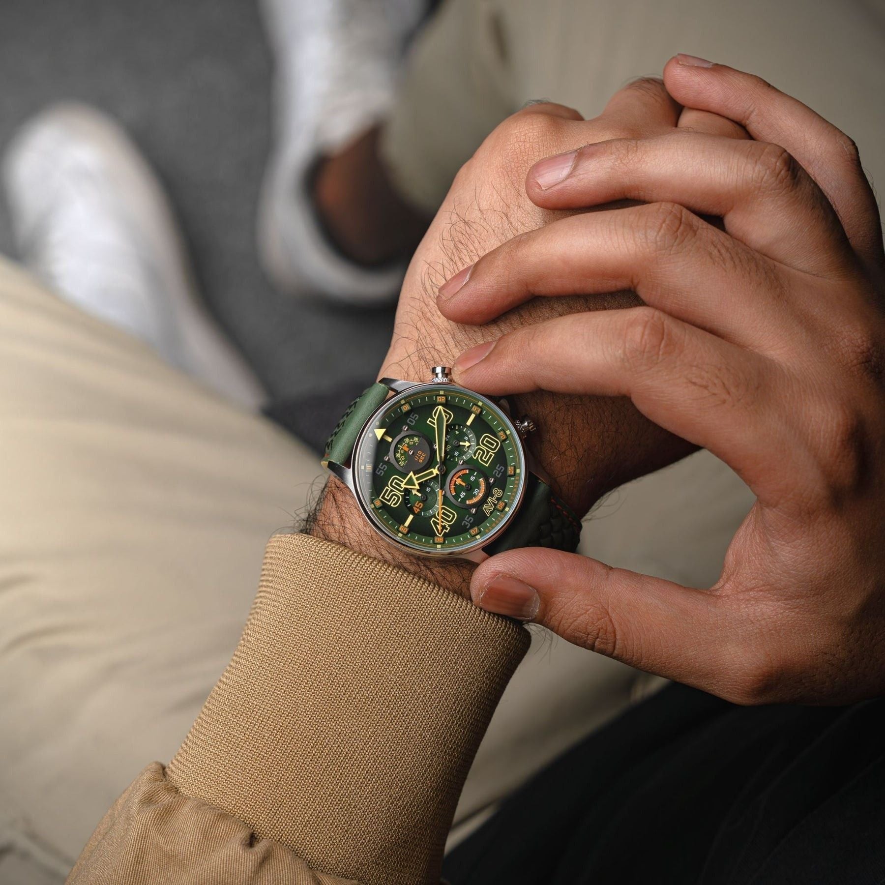 AVI - 8 Hawker Typhoon Coningham Chronograph Harding Leather Strap Green Dial Quartz AV - 4093 - 0D Men's Watch - Prestige Stones