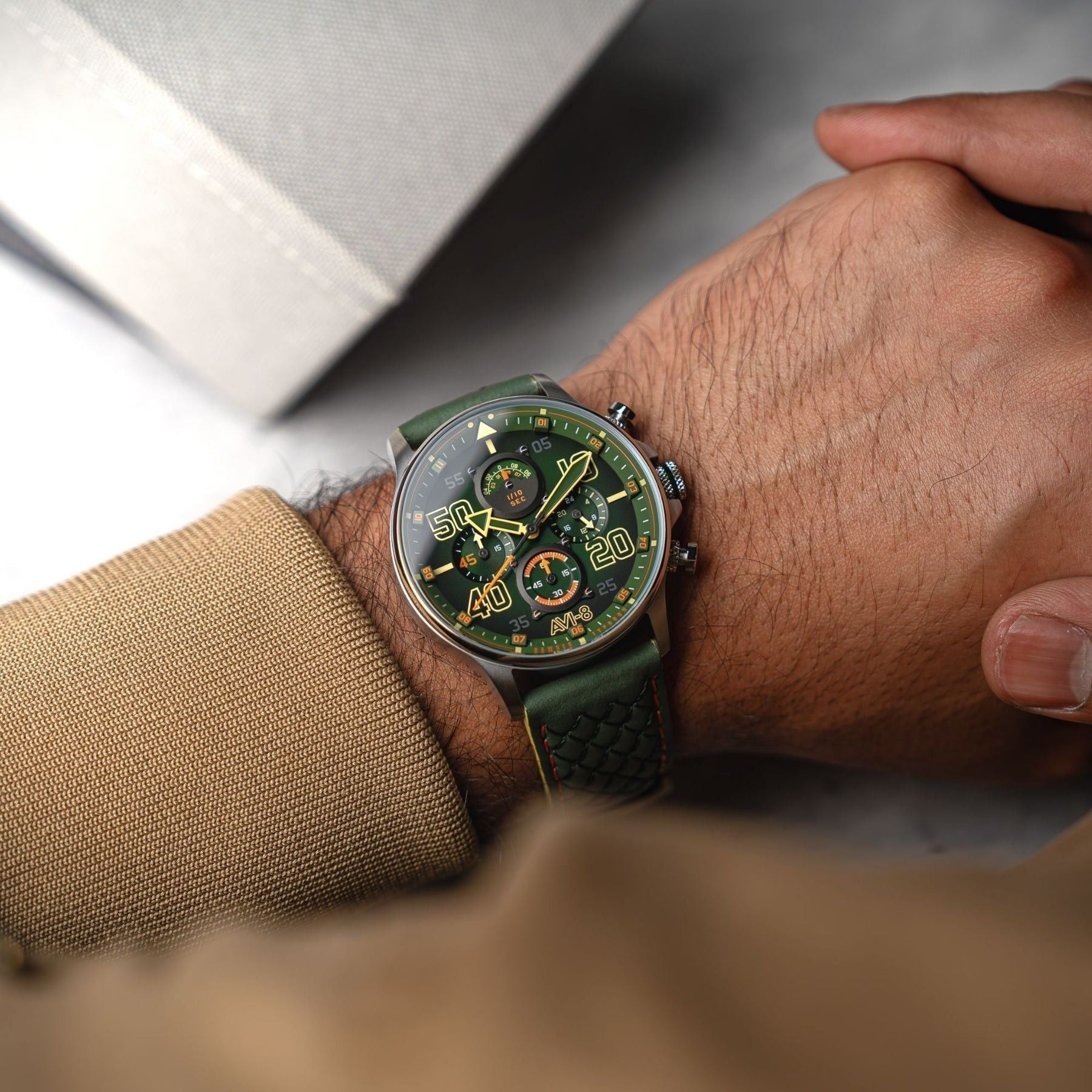 AVI - 8 Hawker Typhoon Coningham Chronograph Harding Leather Strap Green Dial Quartz AV - 4093 - 0D Men's Watch - Prestige Stones