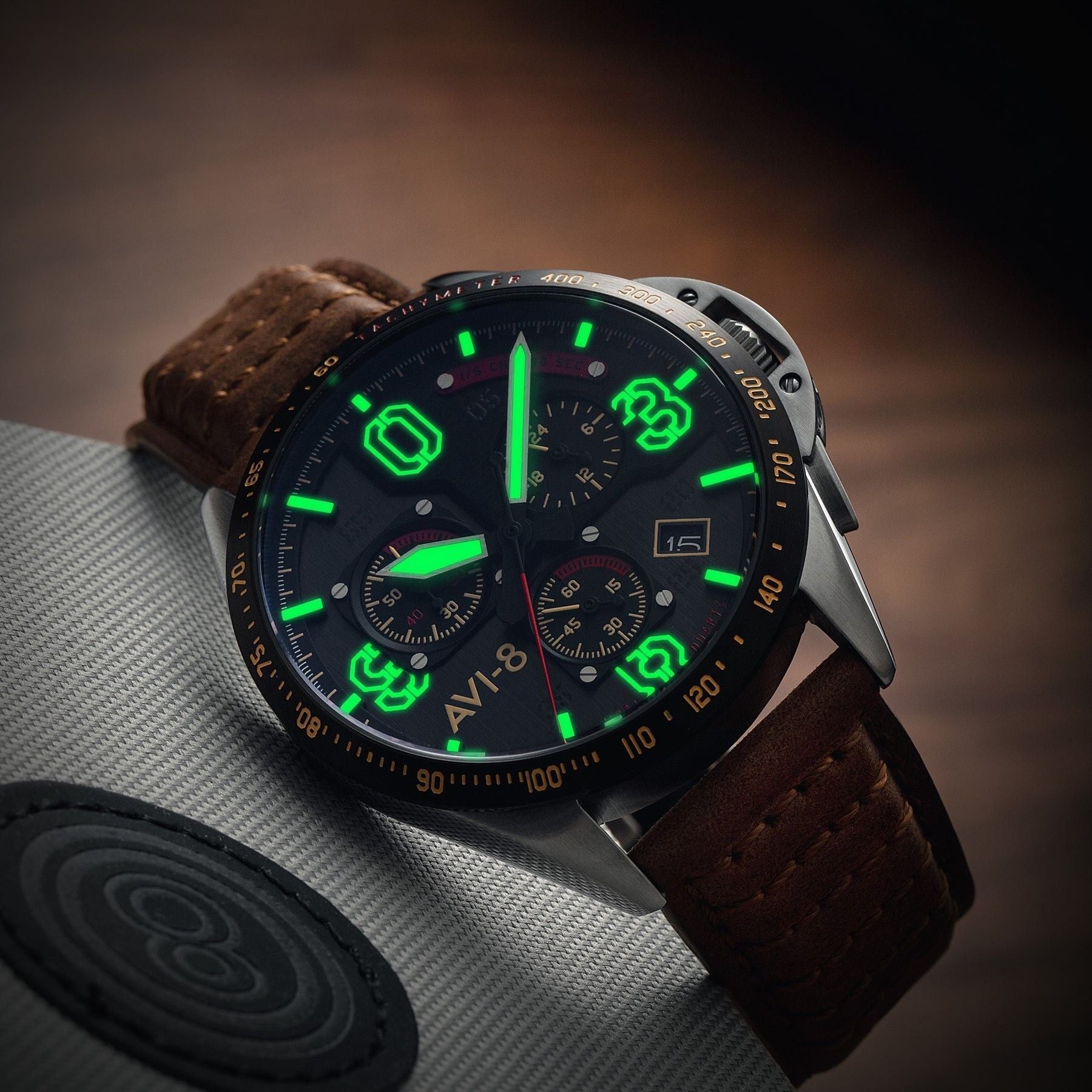 AVI - 8 P - 51 Mustang Blakeslee Chronograph Bronze Oak Quartz AV - 4077 - 02 Men's Watch - Prestige Stones