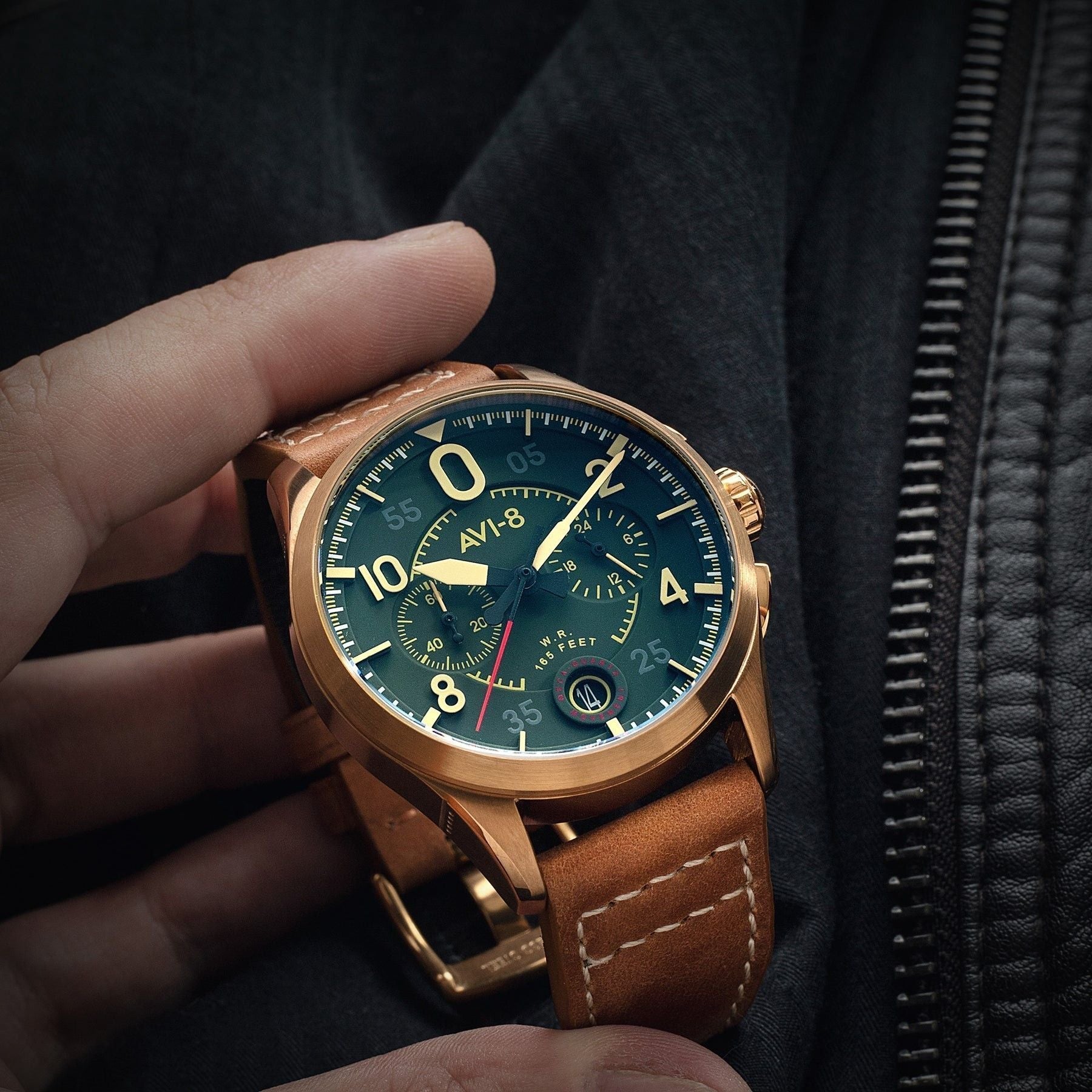 AVI - 8 Spitfire Lock Chronograph Leather Strap Bronze Green Dial Quartz AV - 4089 - 02 Men's Watch - Prestige Stones