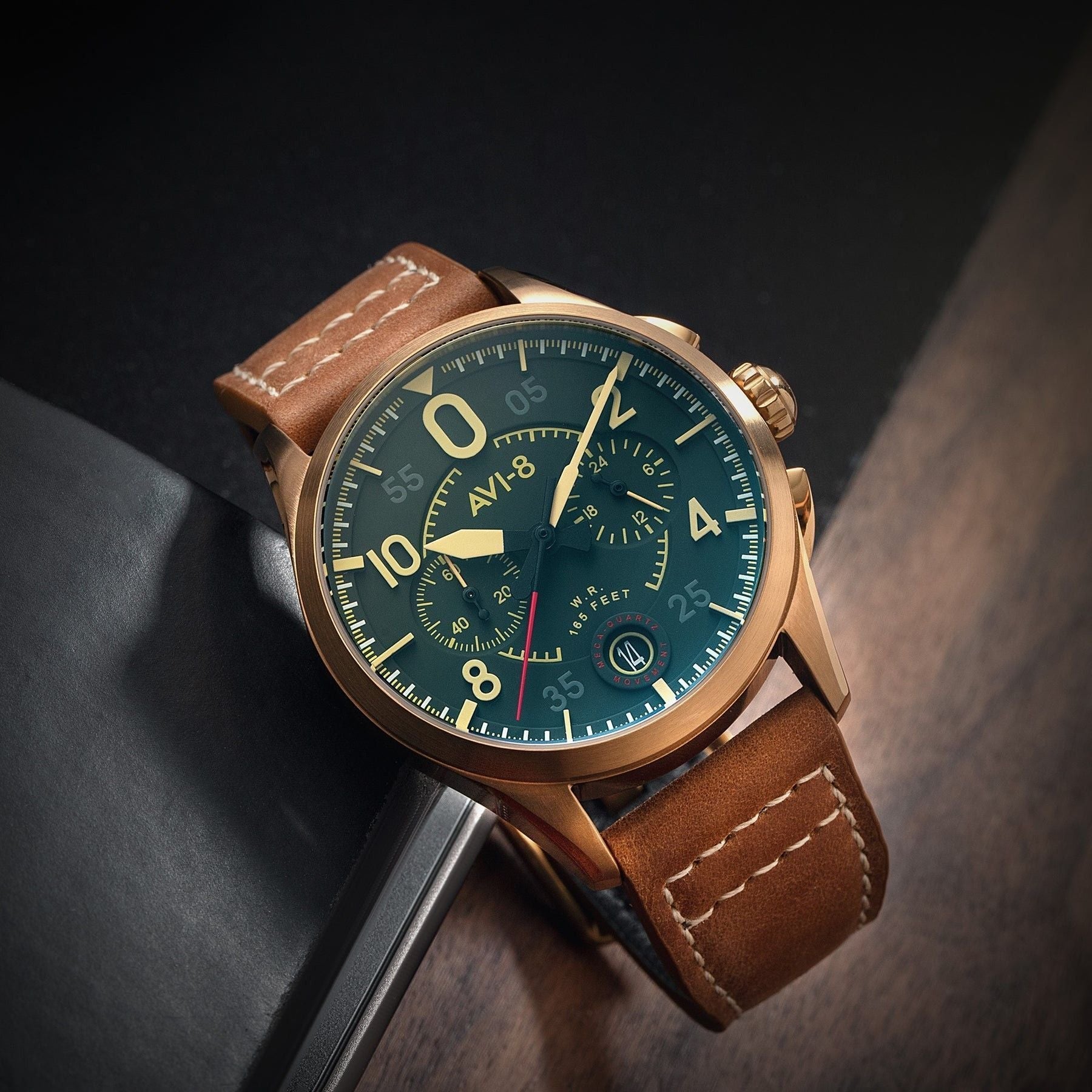 AVI - 8 Spitfire Lock Chronograph Leather Strap Bronze Green Dial Quartz AV - 4089 - 02 Men's Watch - Prestige Stones