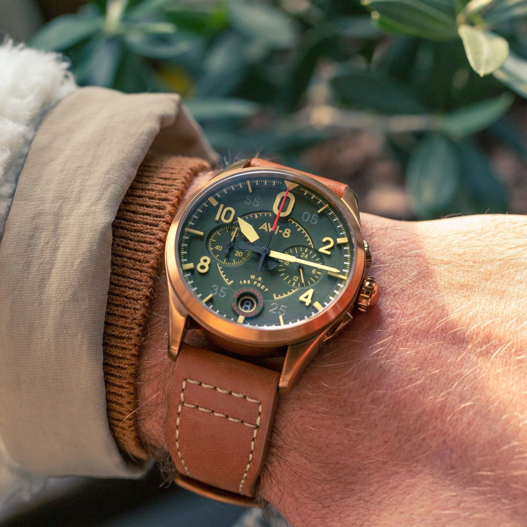AVI - 8 Spitfire Lock Chronograph Leather Strap Bronze Green Dial Quartz AV - 4089 - 02 Men's Watch - Prestige Stones