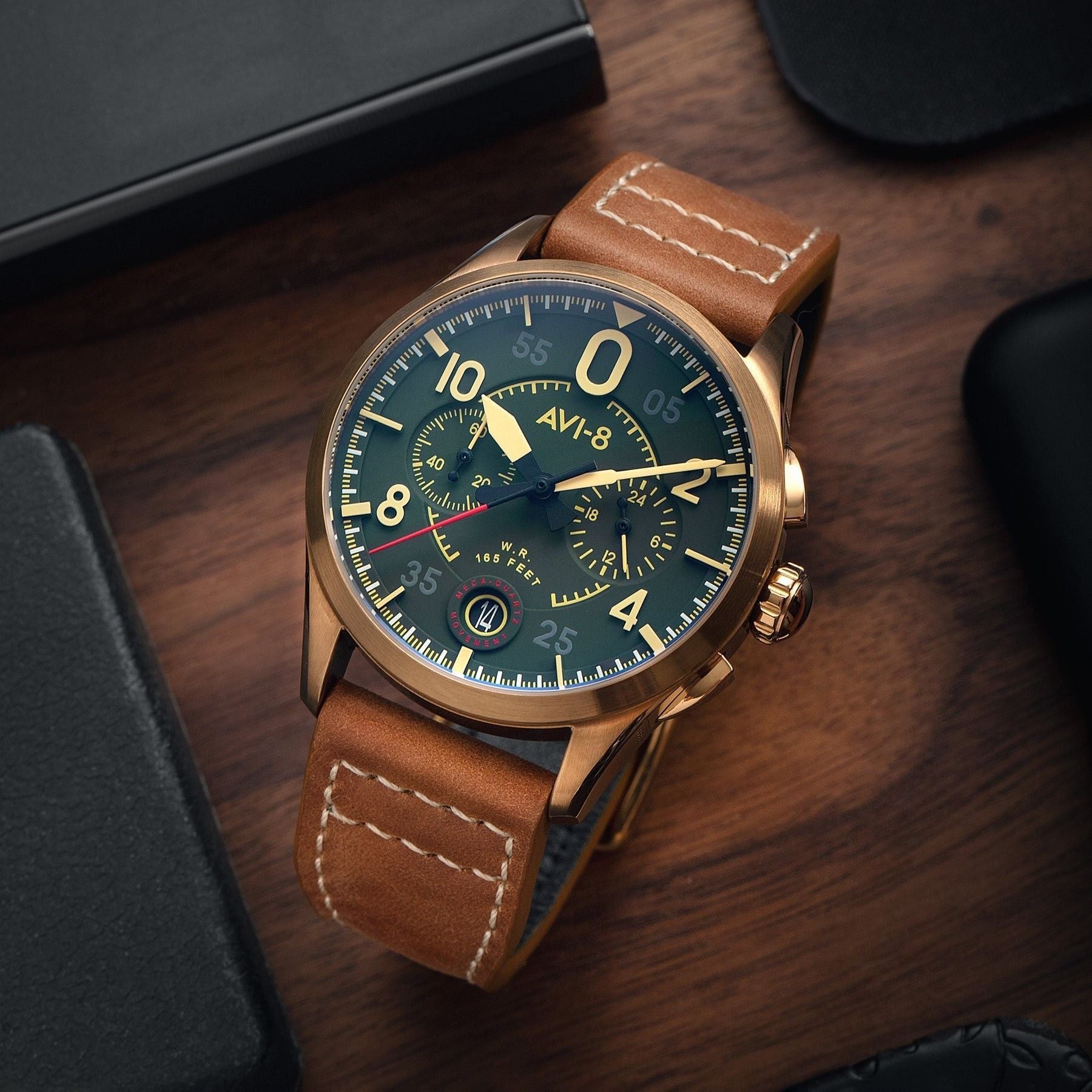 AVI - 8 Spitfire Lock Chronograph Leather Strap Bronze Green Dial Quartz AV - 4089 - 02 Men's Watch - Prestige Stones