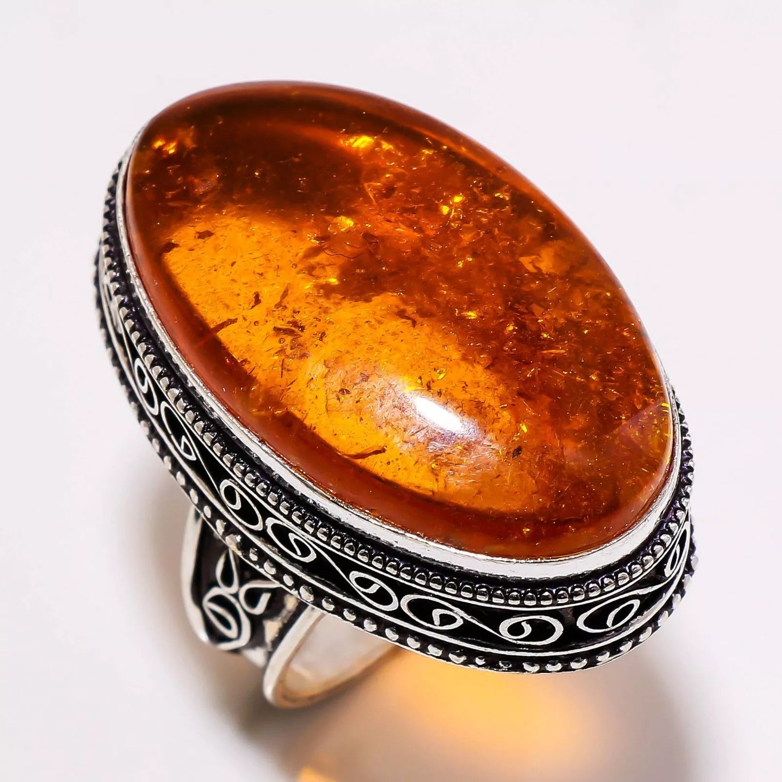 Handcrafted 925 silver ring with lab-created Baltic amber gemstone – ethnic-inspired design, US size 9 / UK R