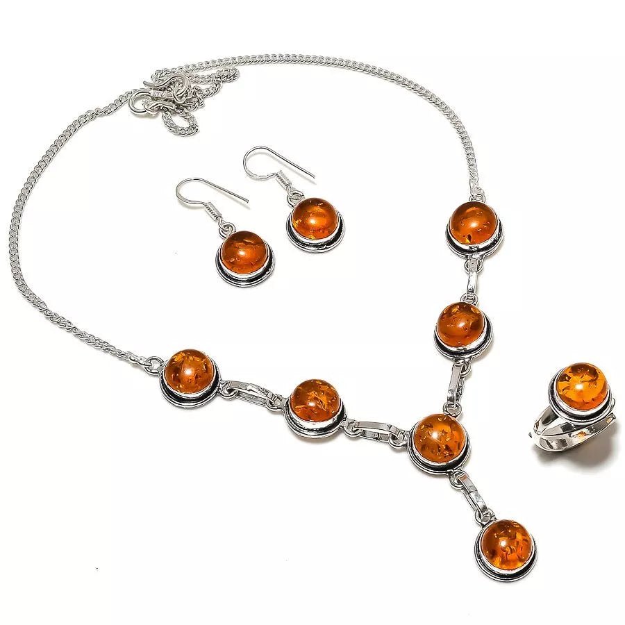 Handcrafted .925 sterling silver jewelry set with lab-created Baltic amber gemstones – includes necklace, earrings, and adjustable ring