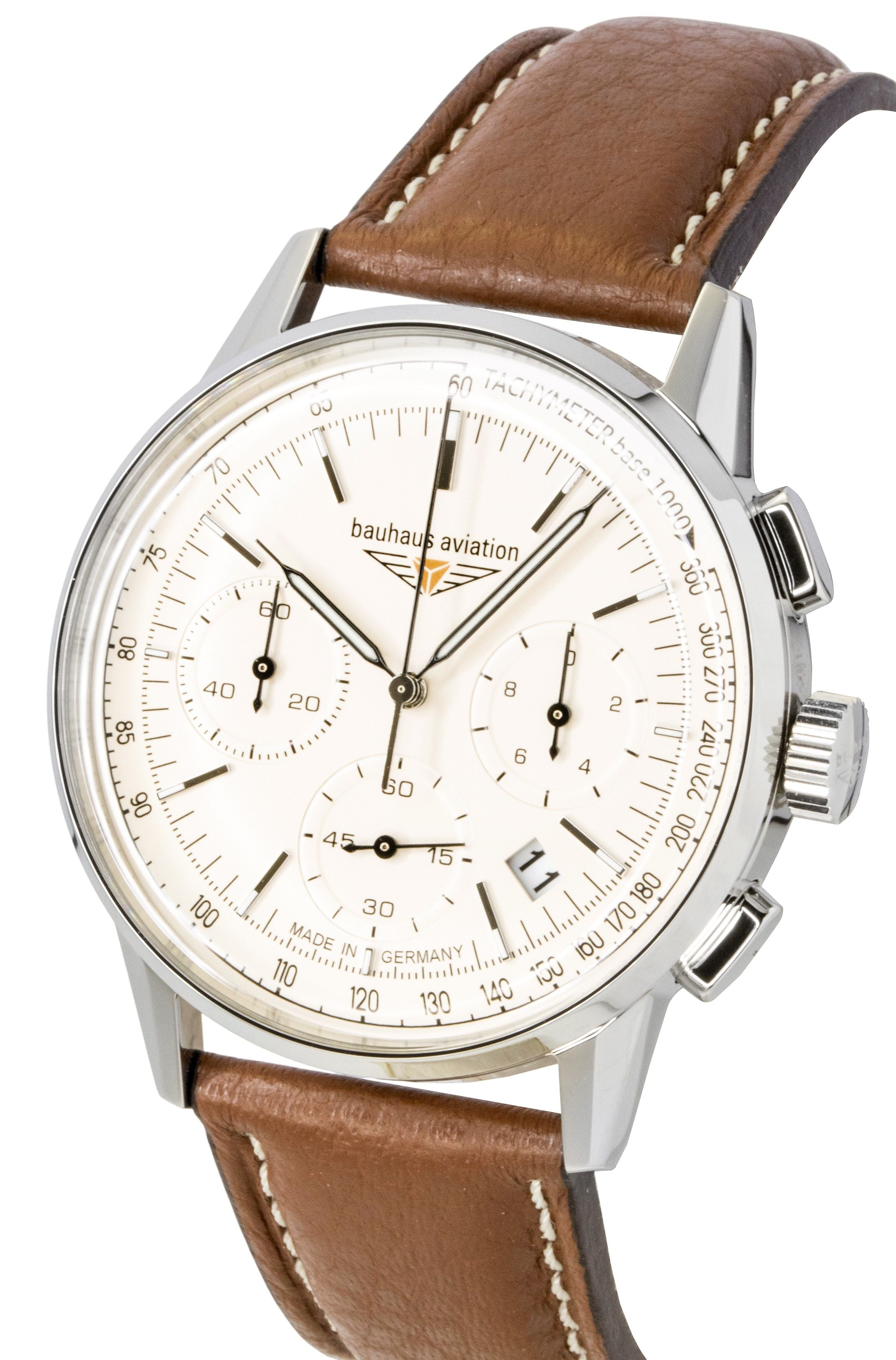 Bauhaus Aviation Chronograph Leather Strap Beige Dial Quartz 23765 100M Men's Watch - Prestige Stones