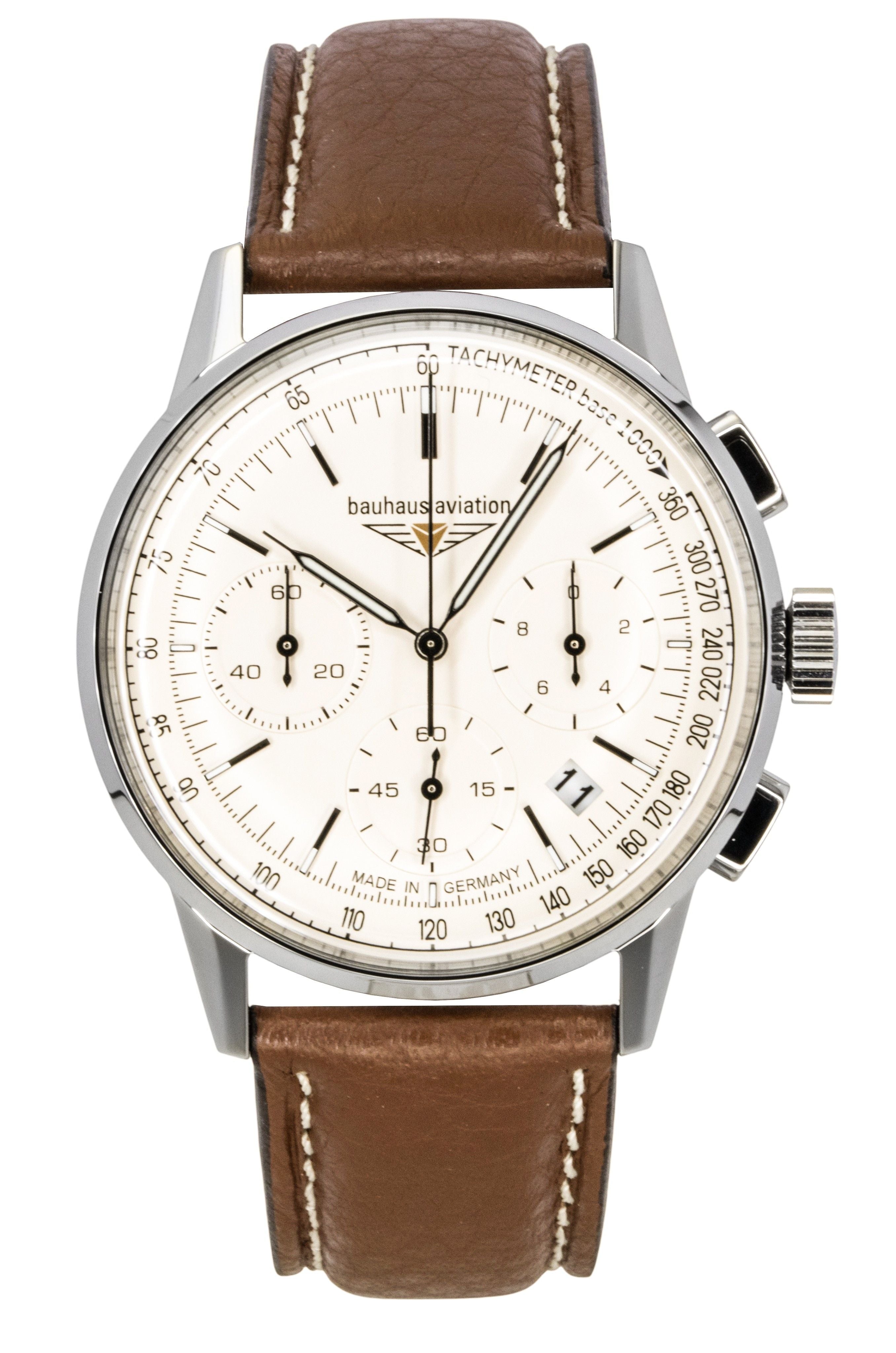 Bauhaus Aviation Chronograph Leather Strap Beige Dial Quartz 23765 100M Men's Watch - Prestige Stones