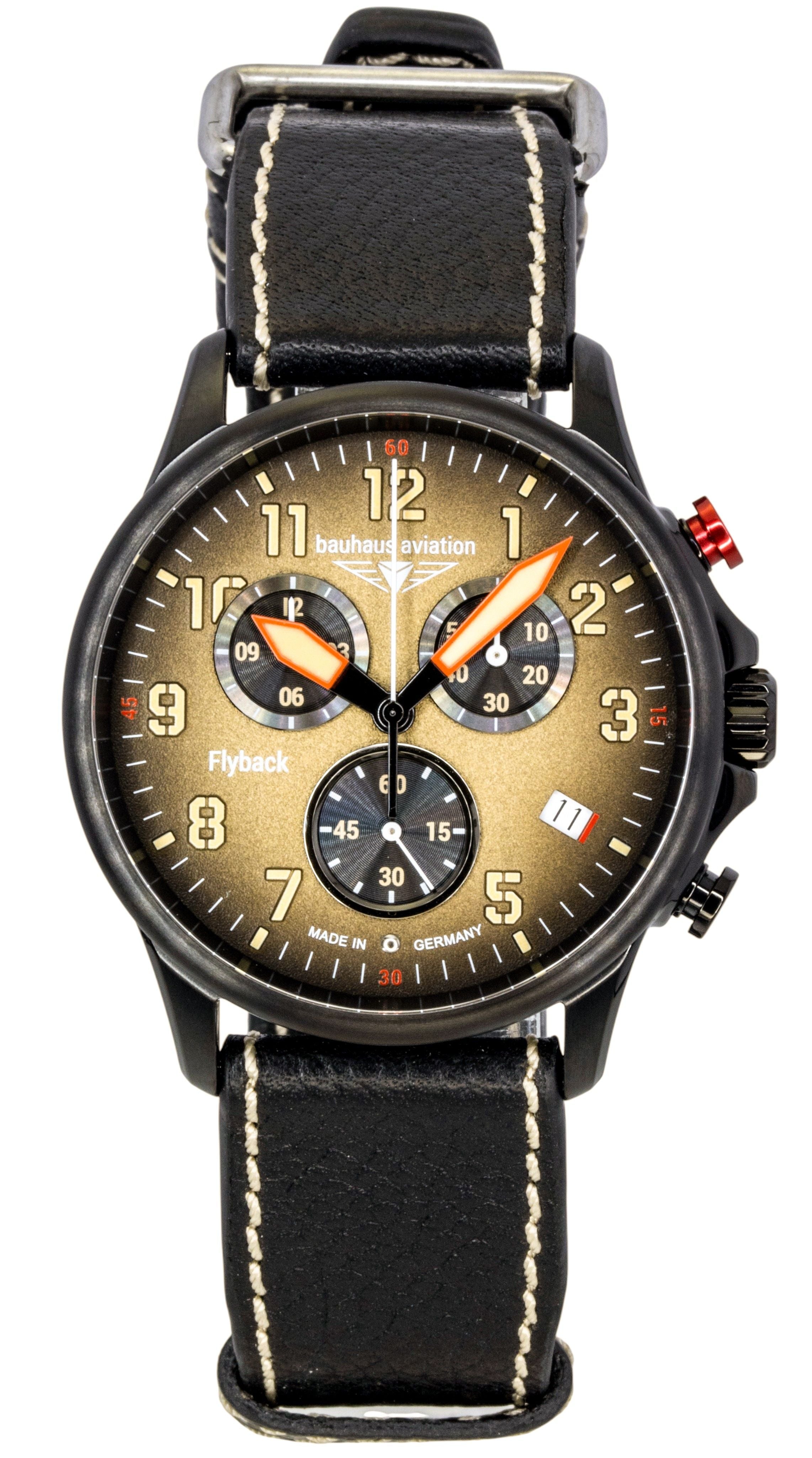 Bauhaus Aviation Flyback Chronograph Leather Strap Brown Dial Quartz 28885 100M Men's Watch - Prestige Stones